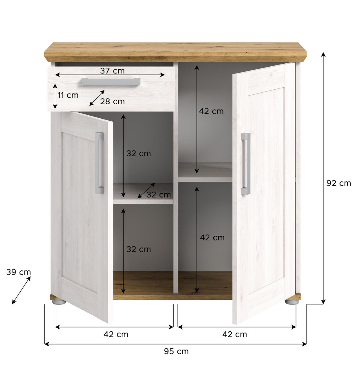 KOMMODE Verona in Sibiu Lärche Nachbildung und Artisan Eiche Nachbildung B/H/T: 95x92x39 cm - Lärchefarben, Holzwerkstoff (90/88/37cm) - Homes & Jones