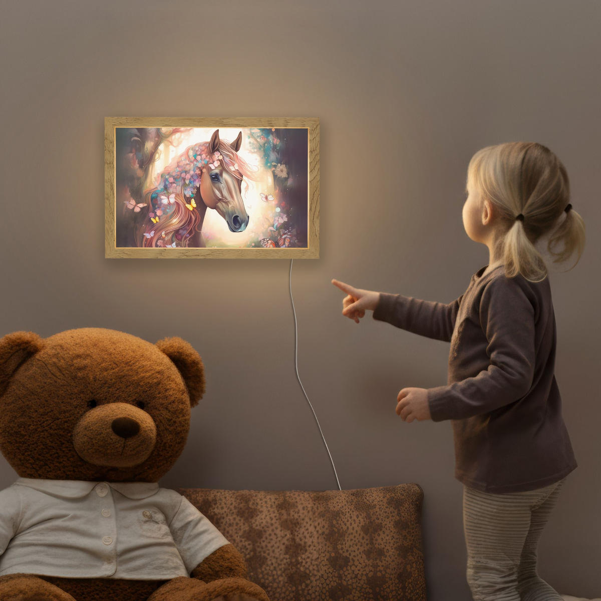 NACHTTISCHLAMPE Pferd - Natur - Blumen - Schmetterlinge - Wald 30x20 cm - Dunkelbraun, Holzwerkstoff (8/30/20cm)