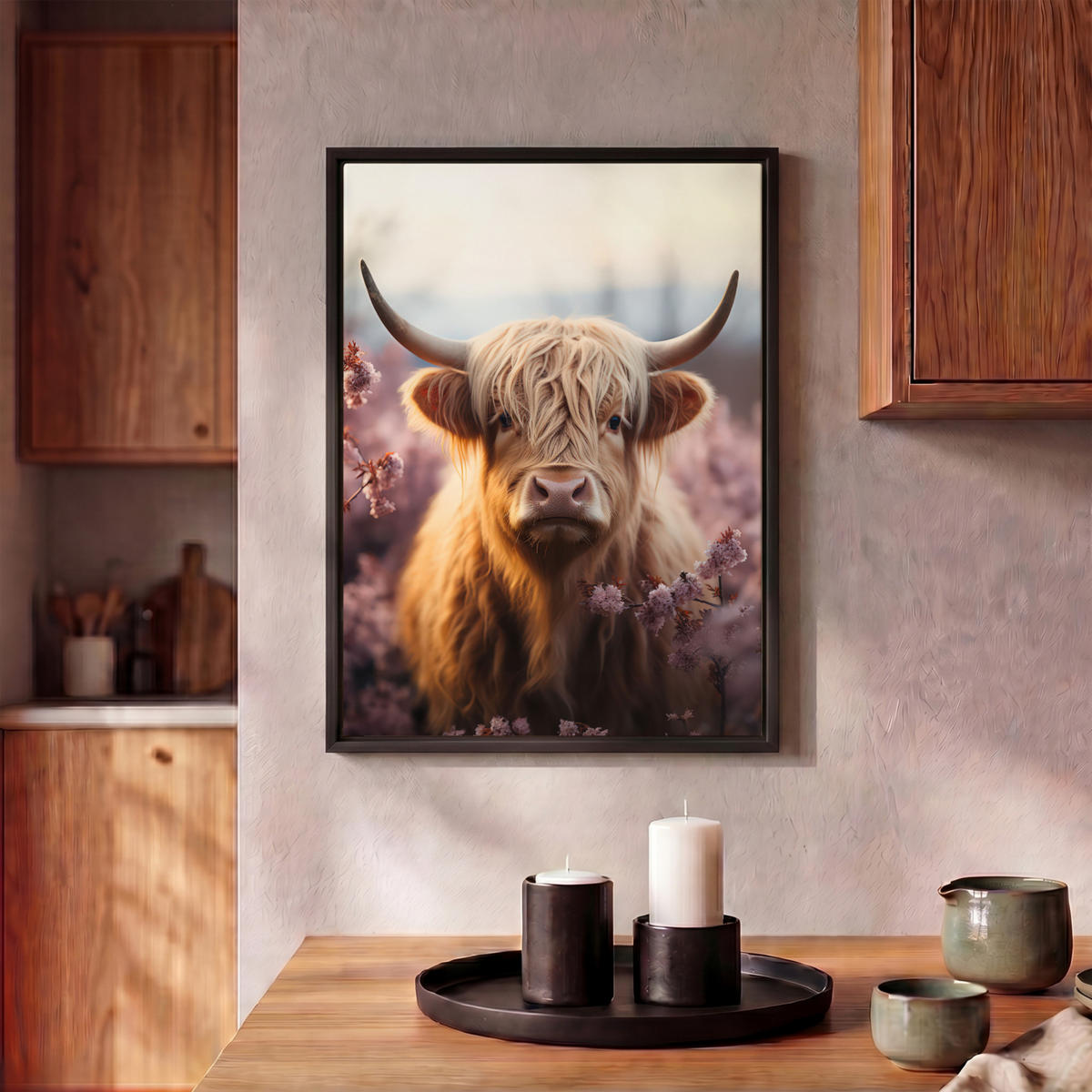 LEINWAND Bilder mit Rahmen - Schottischer Hochländer - Frühling - Hochland - 30x40 - Hellrosa, Textil (30/40cm) - MuchoWow