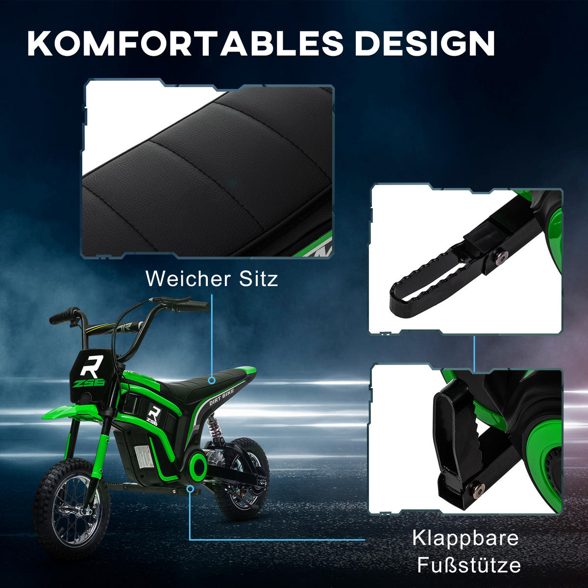 ELEKTRO-KINDERMOTORRAD DE-06214 24V mit einstellbarer Geschwindigkeit und Musik Grün - Grün, Kunststoff/Metall (119/64/76.5cm) - ComfortXL