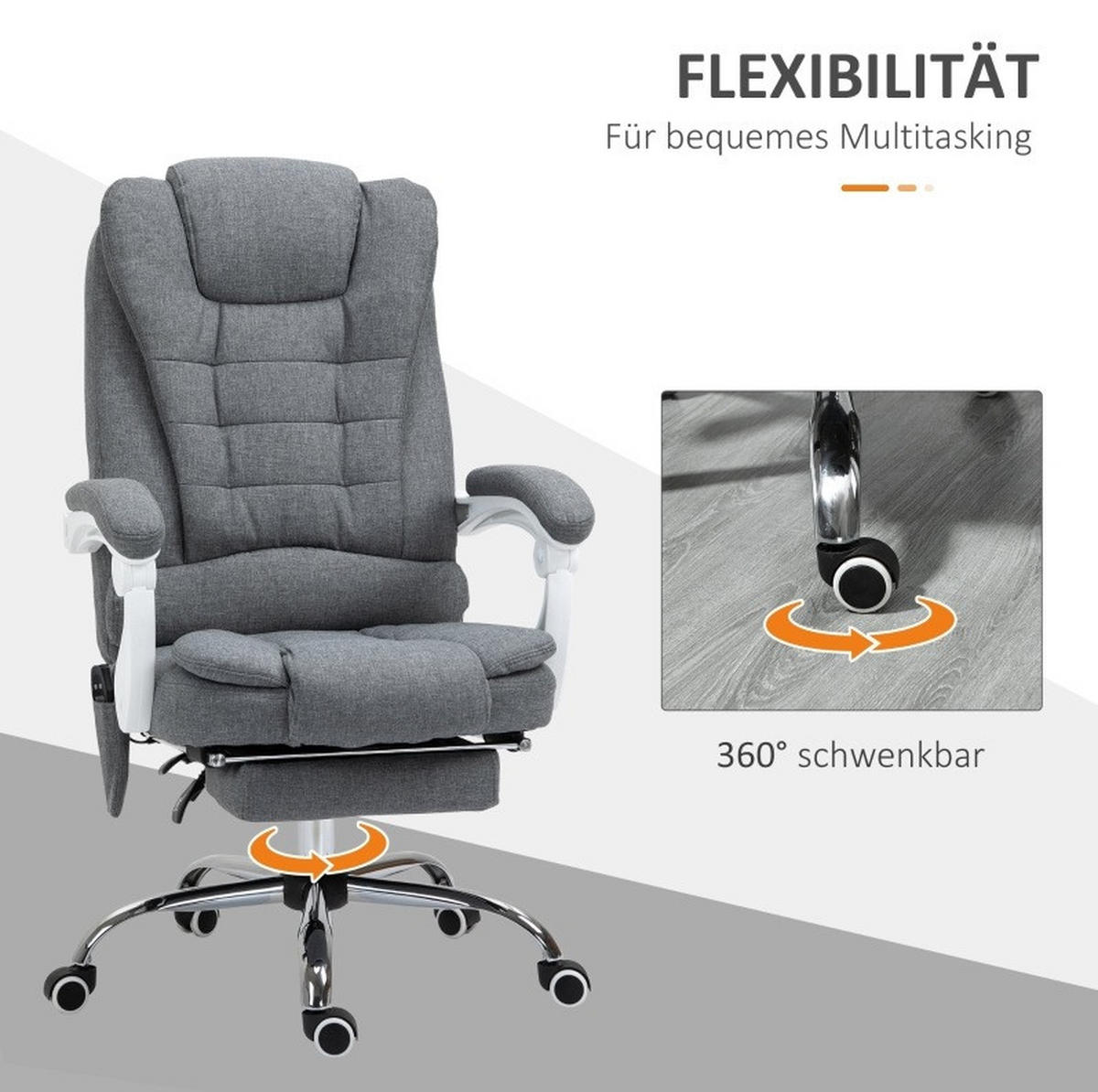 BÜROSTUHL in Grau 70x65x119 cm mit Massage- und Heizfunktion, neigbarer Rückenlehne und Fußstütze - Grau, Textil (65/119/70cm) - IVMEU
