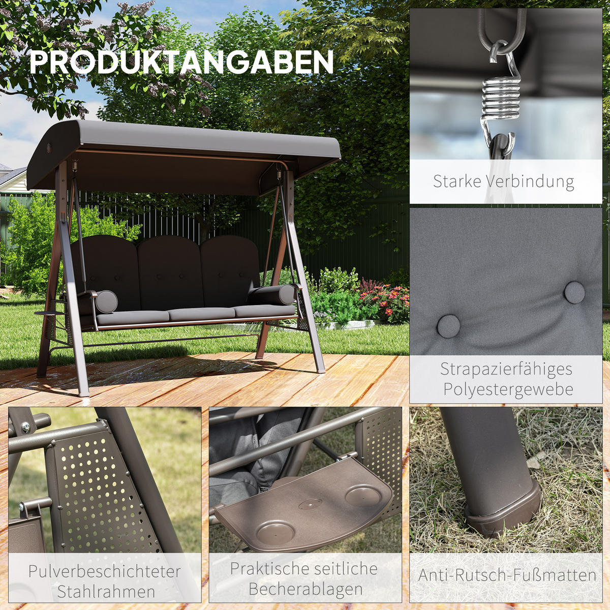 HOLLYWOODSCHAUKEL 3-Sitzer Gartenschaukel mit Sonnendach Tablett Sitzauflage - Dunkelgrau, Textil/Metall (121/172/208cm) - Outsunny