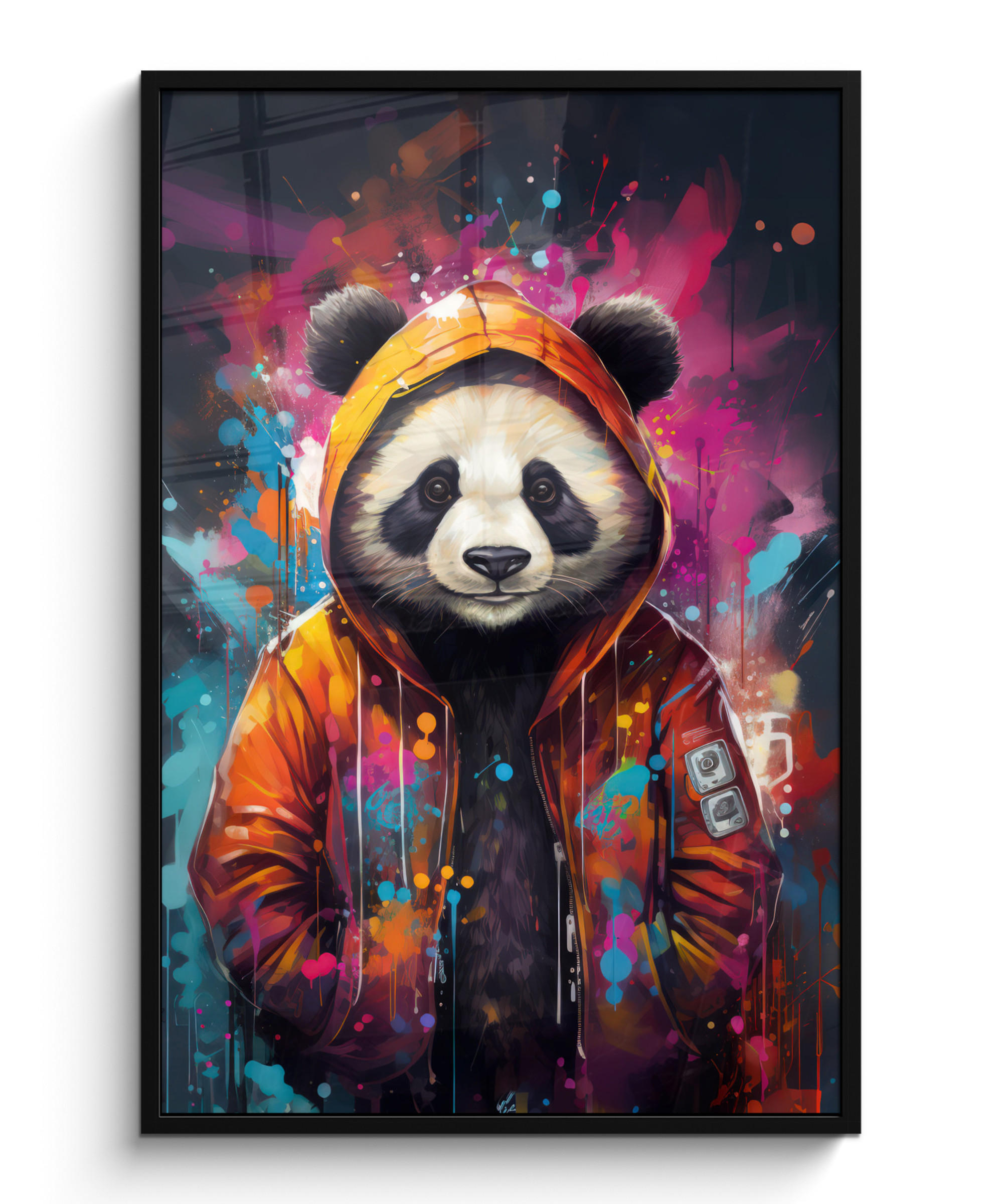 GERAHMTES BILD Panda - Jacke - Graffiti - Orange 80x120 cm - Orange, Papier (80/120cm) - MuchoWow