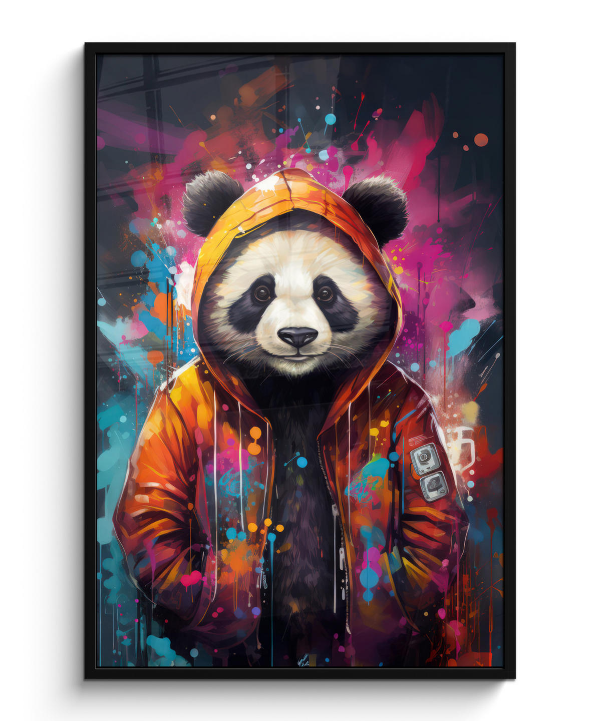 GERAHMTES BILD Panda - Jacke - Graffiti - Orange 80x120 cm - Orange, Papier (80/120cm) - MuchoWow