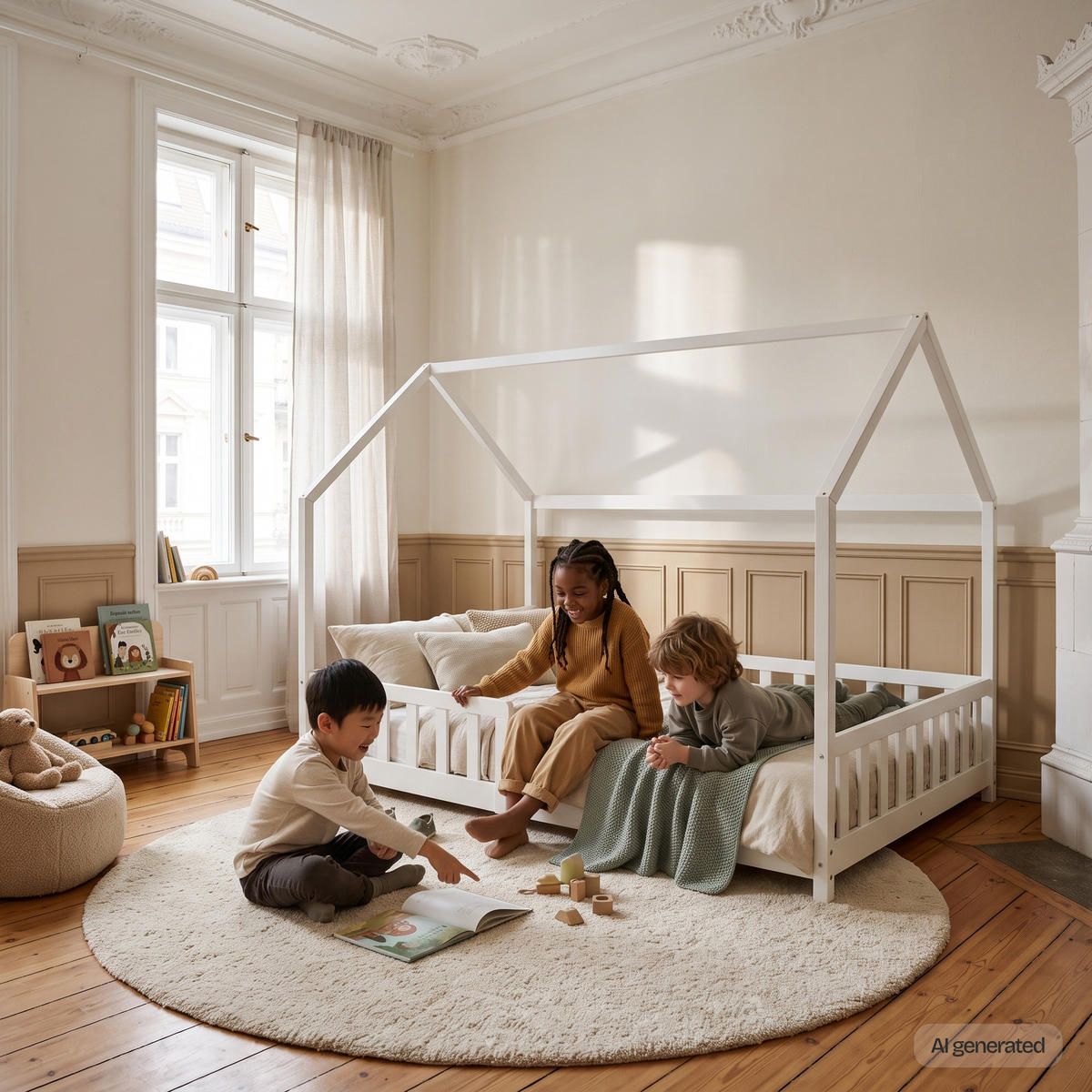 HAUSBETT Hesel mit Matratze - Weiß, Holz/Textil (140/200cm) - [en.casa]