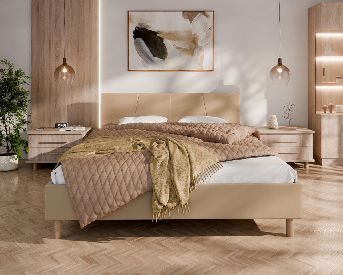 POLSTERBETT ALMORE 160x200cm, Taschenfederkernmatratze LIORA(19cm), Creme - Creme, Holz (160/200cm) - Homesy