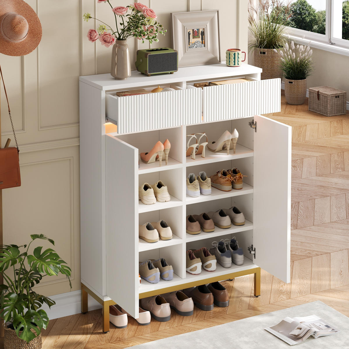 SCHUHSCHRANK Weiß mit Rillenfront, 2 Schubladen und LED - Weiß, Holzwerkstoff (80/103/35cm) - FLIEKS