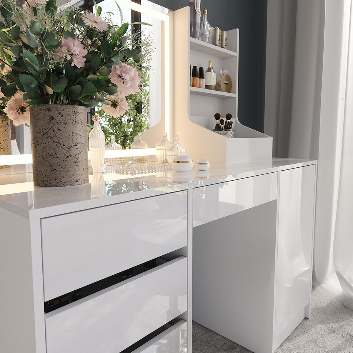 SCHMINKTISCH Sherry Weiß/Weiß Hochglanz 128.2 cm 4 Teile - Weiß Hochglanz, Holzwerkstoff (128.2/76/50.1cm) - Vicco