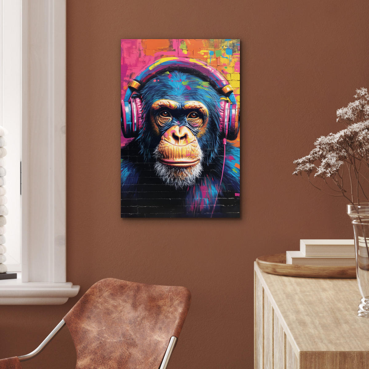 METALLBILD Graffiti - Schimpanse - Straßenkunst - Kopfhörer - Affe 40x60 cm - Blau, Metall (40/60cm) - MuchoWow