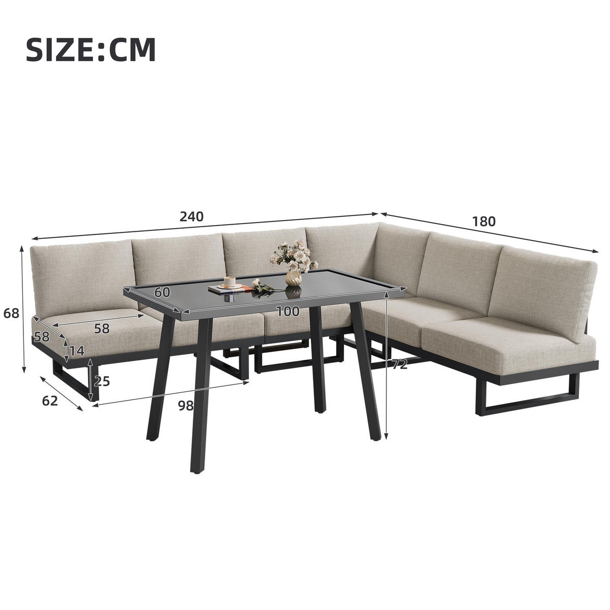 GARTEN-ESSGRUPPE Ecksofa Liegebett Umwandelbar Stahl Graubeige - Grau, Textil - FLIEKS