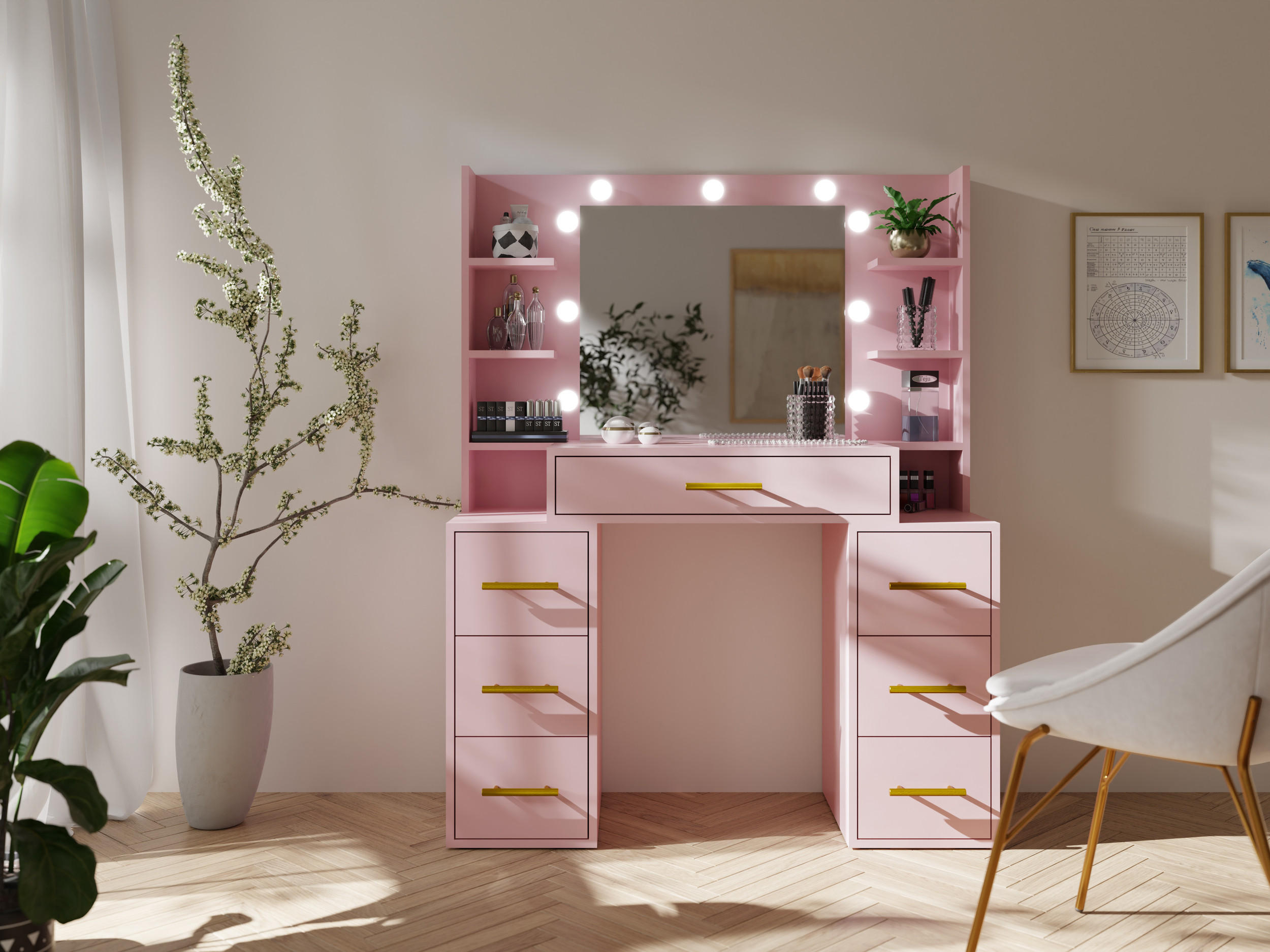 SCHMINKTISCH - Frisiertisch mit Schubladen - Syrius - Rosa - Rosa, Holzwerkstoff (110/140/40cm) - Möblo