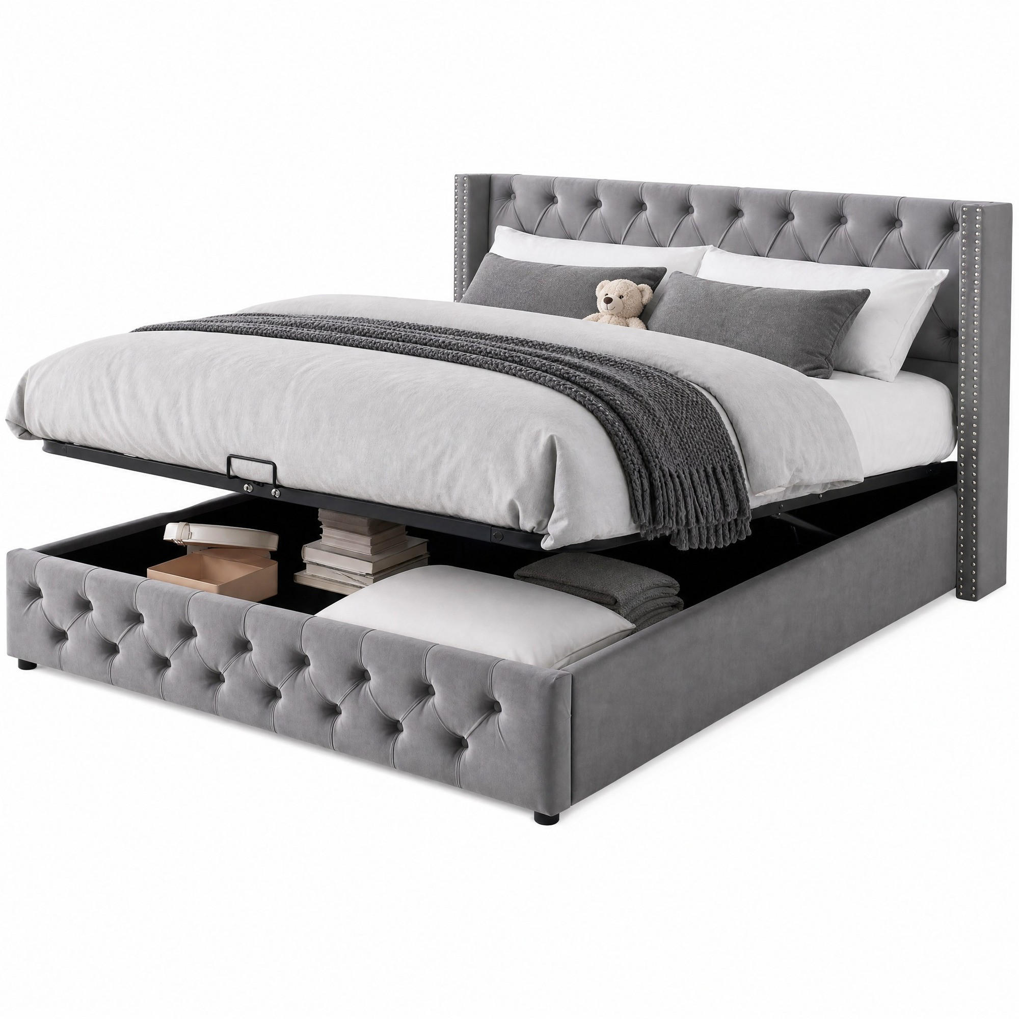 POLSTERBETT 140/200 cm in Grau Samt mit Bettkasten - Grau, Holzwerkstoff/Textil (140/200cm) - CHICFURN