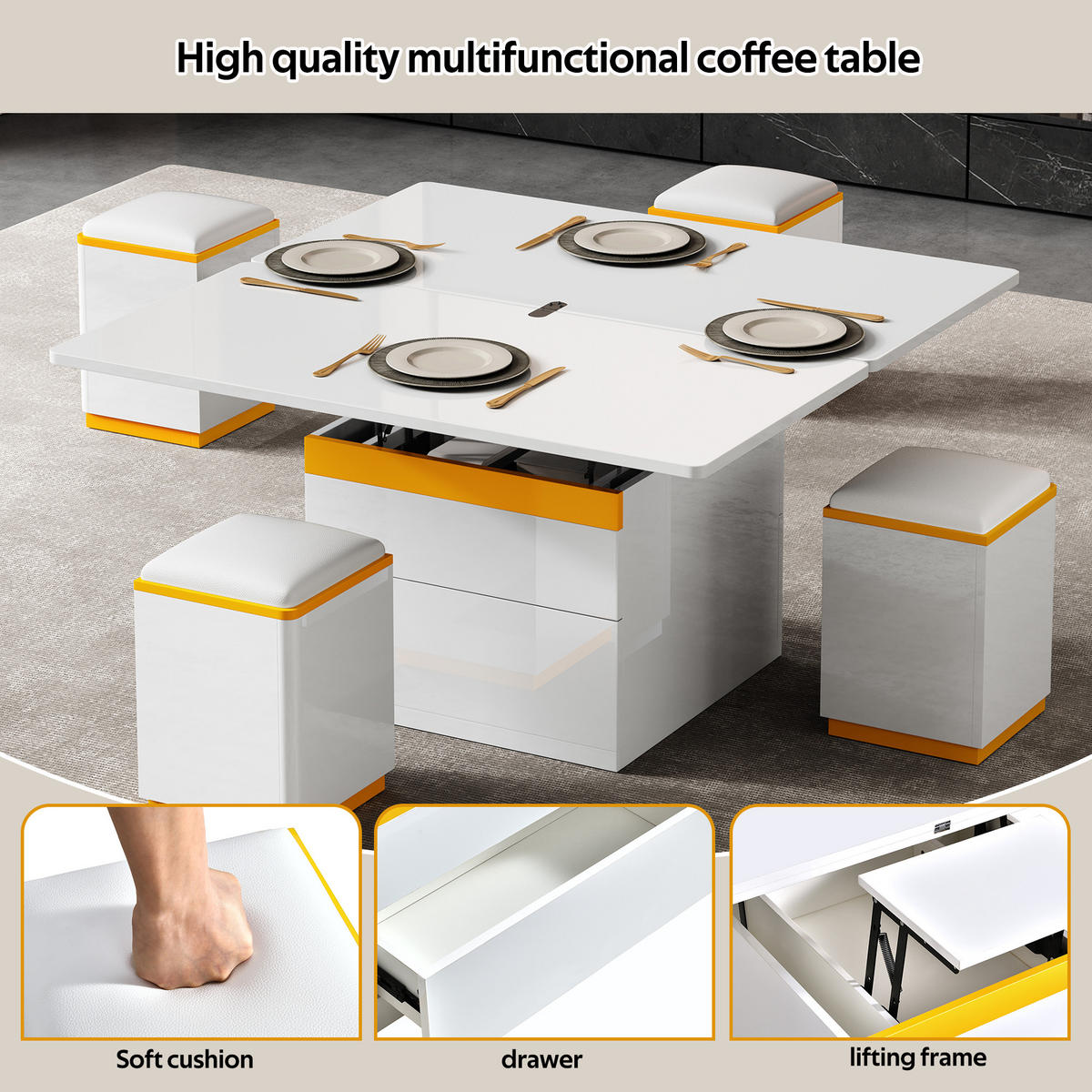 COUCHTISCH höhenverstellbar mit Stauraum und Hockern 100 x 50 x 43 cm - Weiß, Holzwerkstoff (100/50/37cm) - ComfortXL