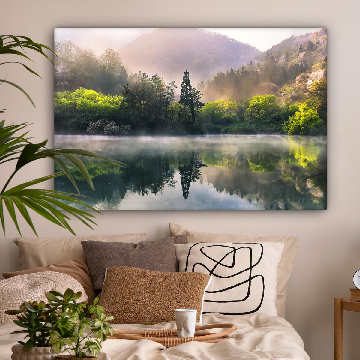LEINWANDBILD Natur - Bäume - Berge - See - Wasser Wohnzimmer 120x80 cm - Hellgrün, Textil (120/80cm) - MuchoWow