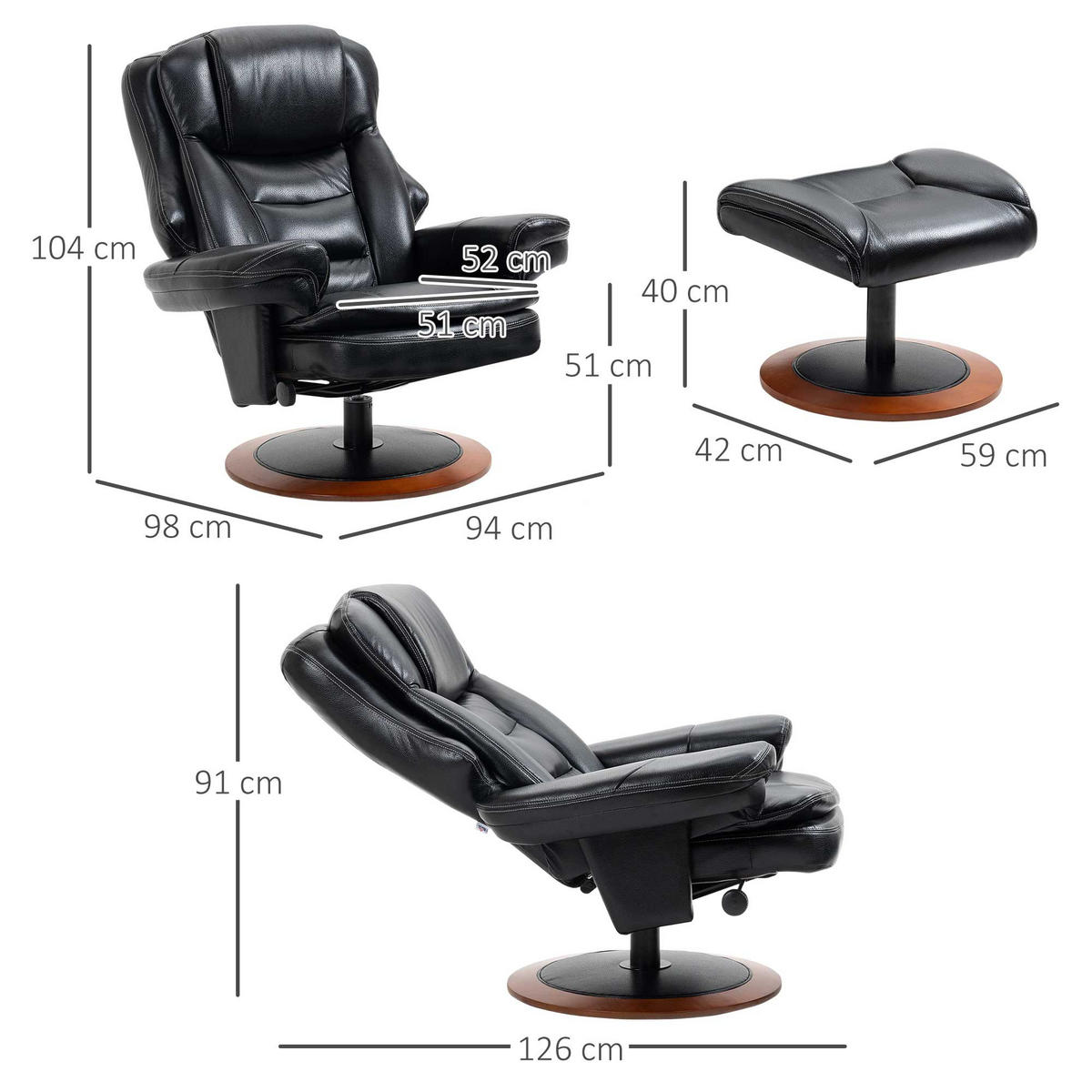 RELAXSESSEL, Fernsehsessel, Schwarz - Schwarz, Leder (97/104/94cm) - HOMCOM