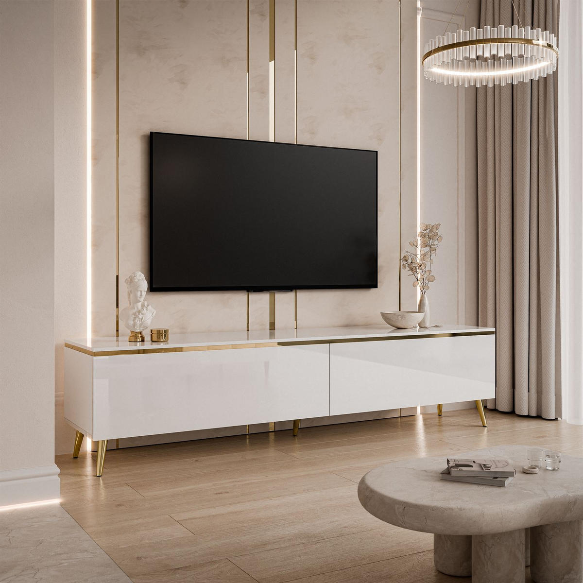 TV-LOWBOARD AURORA Weiß Hochglanz mit schräge Goldchrom Fuße und LED Beleuchtung - Weiß Hochglanz/Goldfarben, Holzwerkstoff/Metall (180/45/40cm) - Lookway