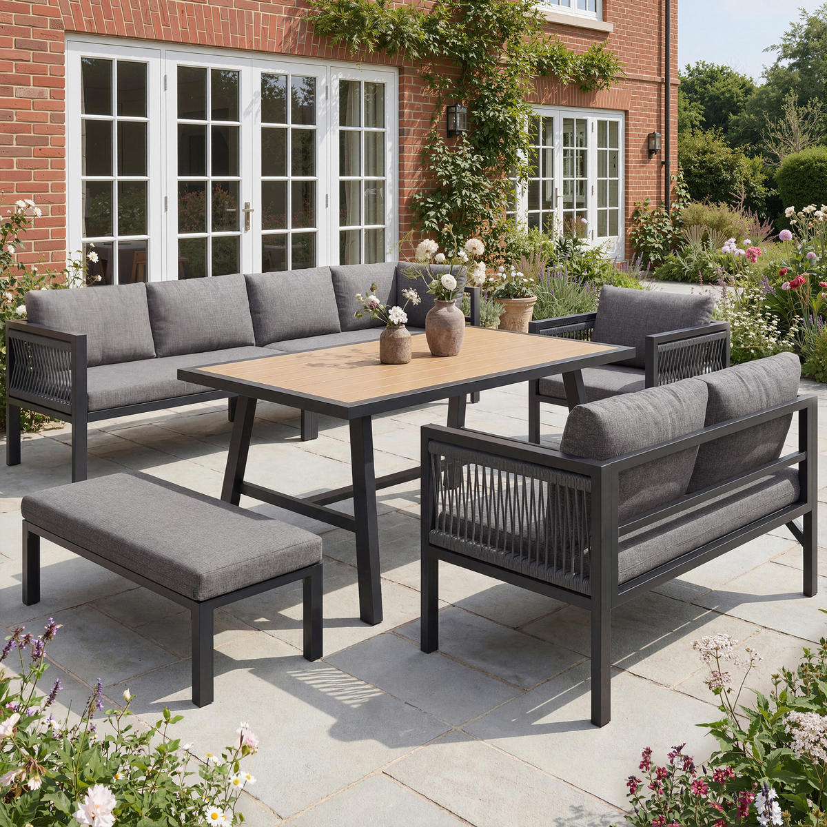 GARTENLOUNGE 6tlg Grau Beige Ecksofa Tisch Hocker wetterfest - Grau, Metall - FLIEKS