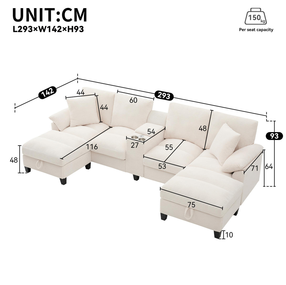 WOHNLANDSCHAFT 293/142/93 cm in Beige mit Stauraum, USB-Anschlüssen und Getränkehalter - Beige, Textil (93/293/142cm) - Flora Grace