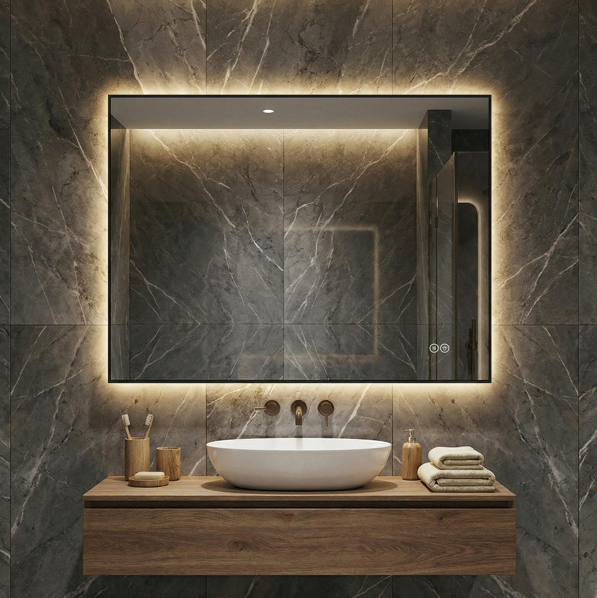 WANDSPIEGEL 60/2,5/80 cm silber aus Glas mit LED und Anti-Beschlag - Silberfarben, Glas (80/2.5/60cm) - OKWISH