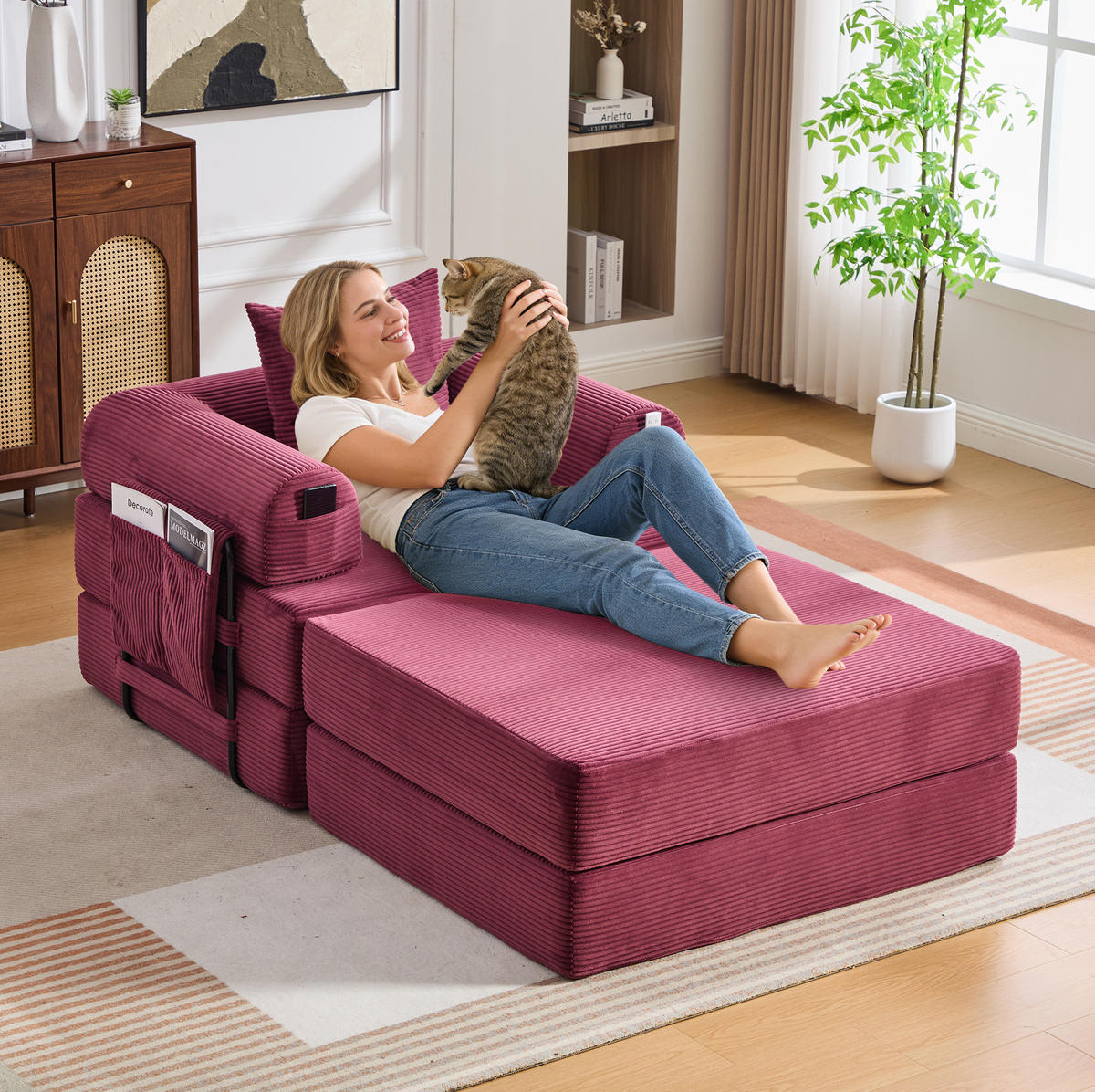 SOFA mit Hocker Cord 112 x 190 x 67 cm Wine Red - Rot, Kunststoff (190/67/112cm) - Meubliv