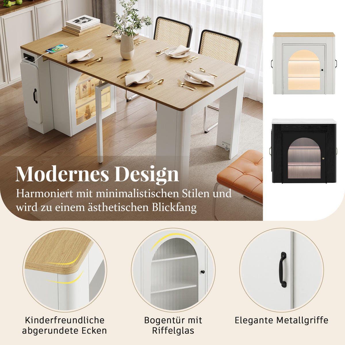 ESSTISCH 83×39,6–149,6×77 cm aus MDF & Glas mit LED & USB-Ladestation, weiß-natur - Weiß, Holzwerkstoff (149.6/83/77cm) - Luhomfu