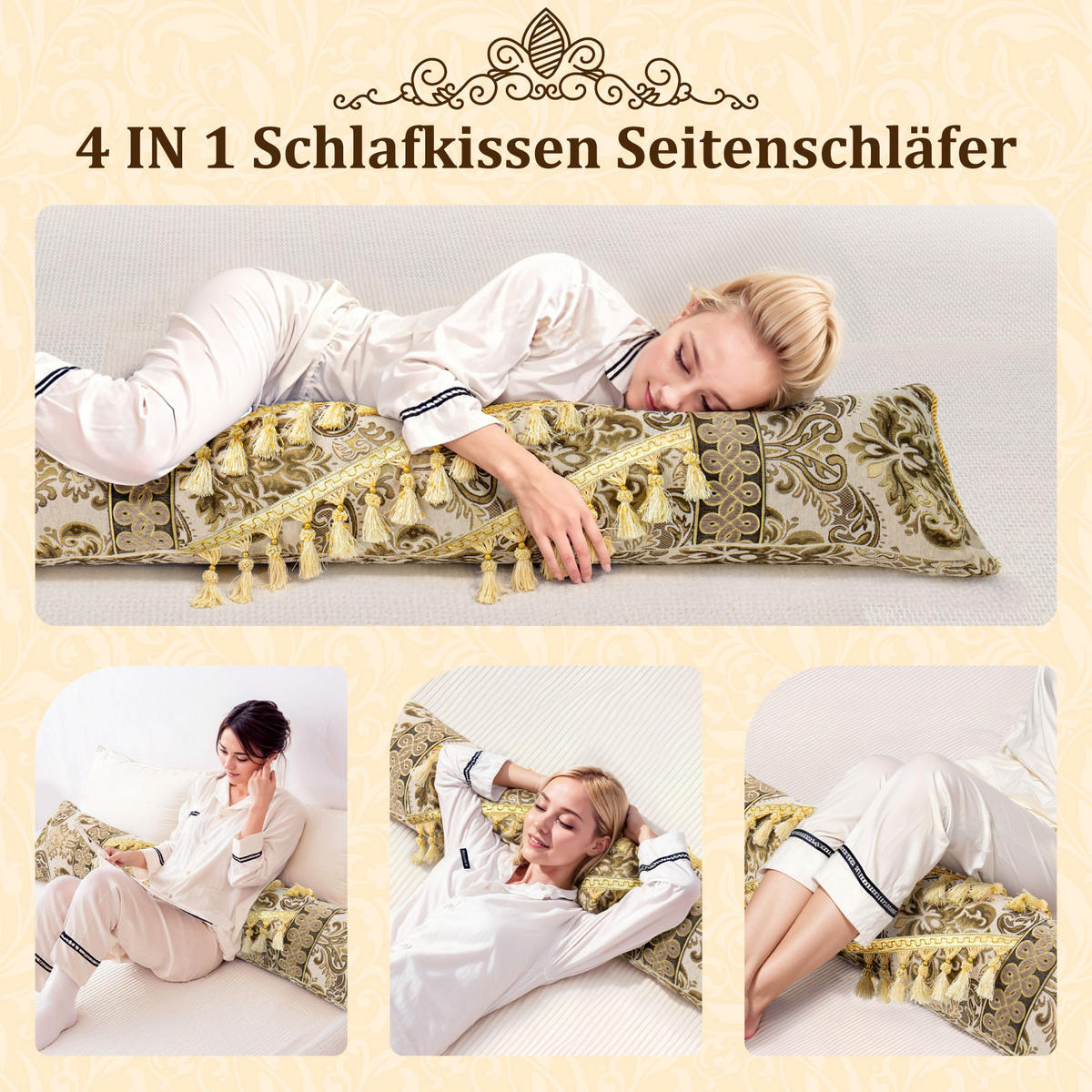 NACHTTISCHKISSEN Goldene Blume Beige 60*140cm 3er-set - Beige, Textil (15/140cm) - Vercart