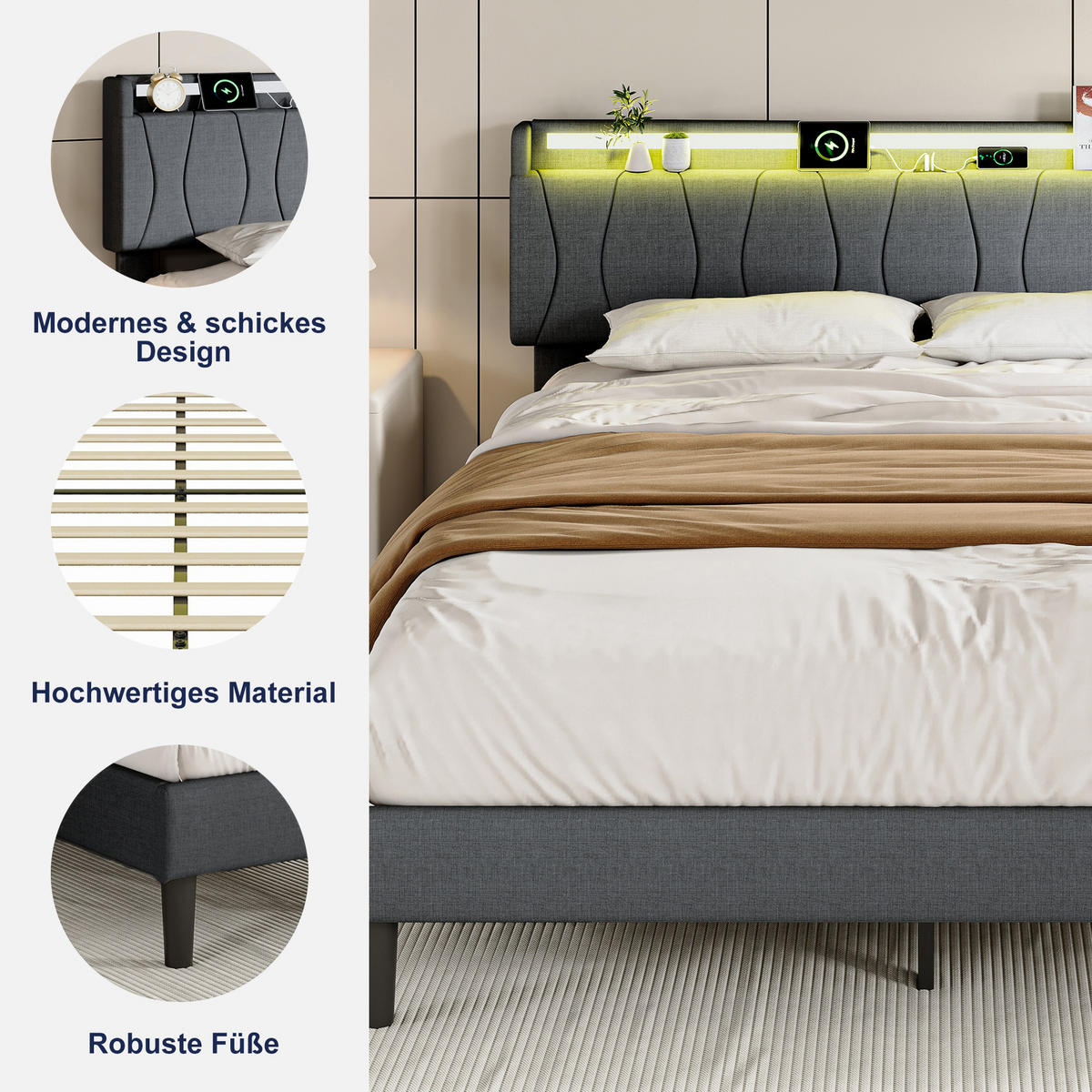 BETT 140x200 mit lattenrost, polsterbett mit USB und LED, leinenstoff, grau - Grau, Holz/Metall (140/200cm) - GENKI LIVING