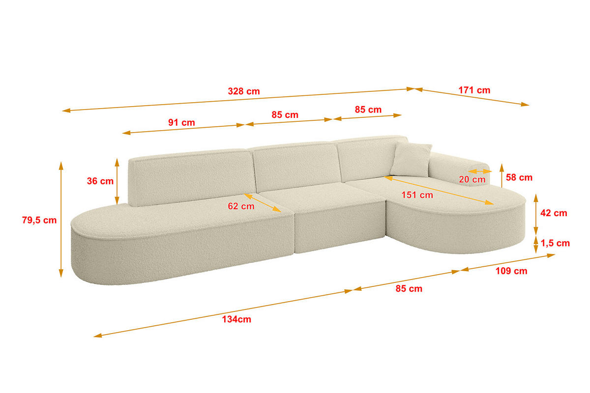 ECKSOFA Ottomane Rechts MARI-L2 - 328x171x79 cm Beige Bouclé - Beige/Schwarz, Holzwerkstoff/Kunststoff (171/328cm) - ALTDECOR