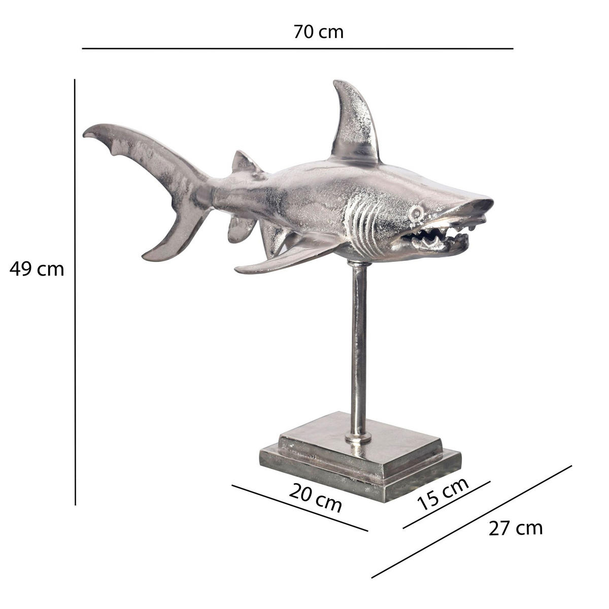 DEKOFIGUR Hai Aluminium 70 cm mit Sockel im maritimen Stil, Silbern 70x27x49 cm - Silberfarben, Metall (70/49/27cm) - KADIMA DESIGN