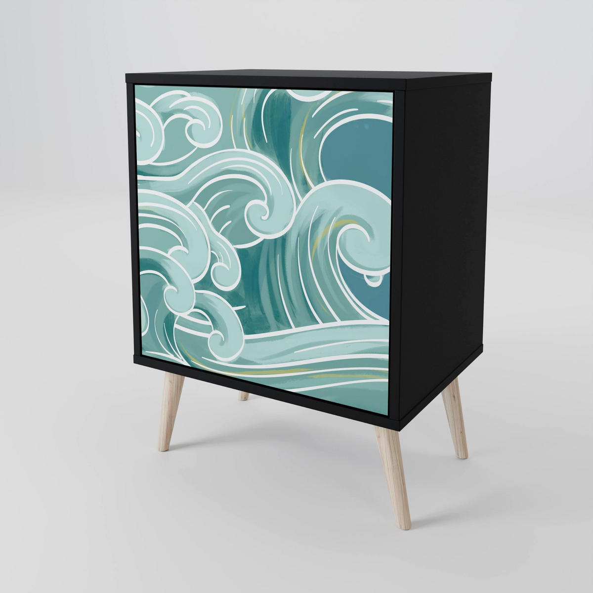 SIDEBOARD ASIAN SWAY, Schwarz, 57,5x42x72,5 cm, Schwarze Metallfüße - Multicolor/Schwarz, Holzwerkstoff/Metall (57.5/72.5/42cm) - SpaceRebels