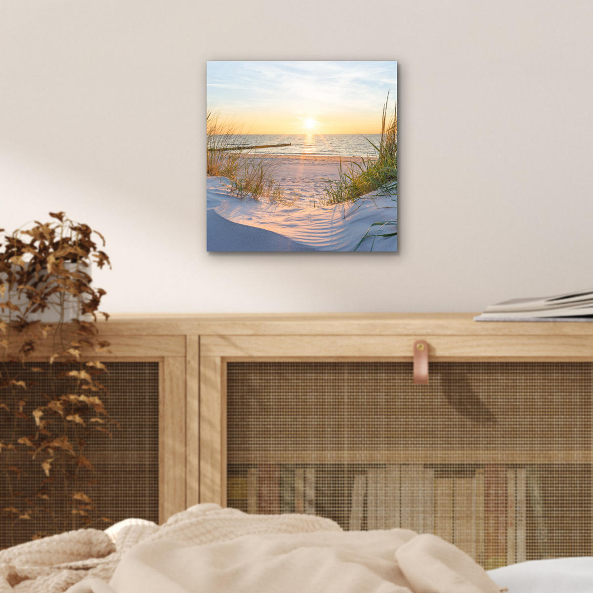KOVOVÝ OBRAZ Pláž - Slnko - Duny - Tráva - Piesok - Horizont 20x20 cm - svetlomodrá, kov (20/20cm) - MuchoWow