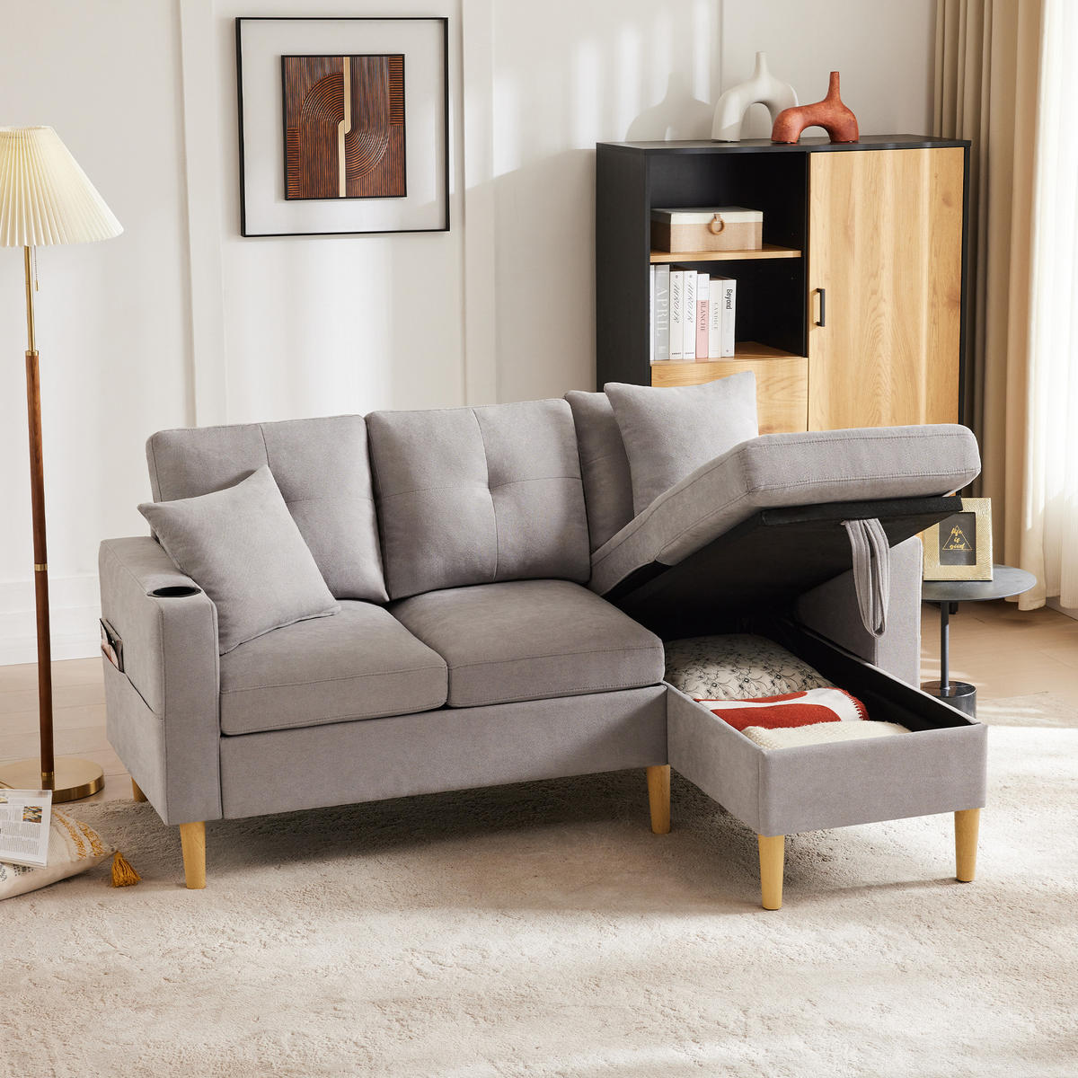 SOFA mit Chaiselongue und Stauraum 175 x 129 cm Baumwoll-Leinen Hellgrau - Hellgrau, Textil (175/129cm) - IVMEU