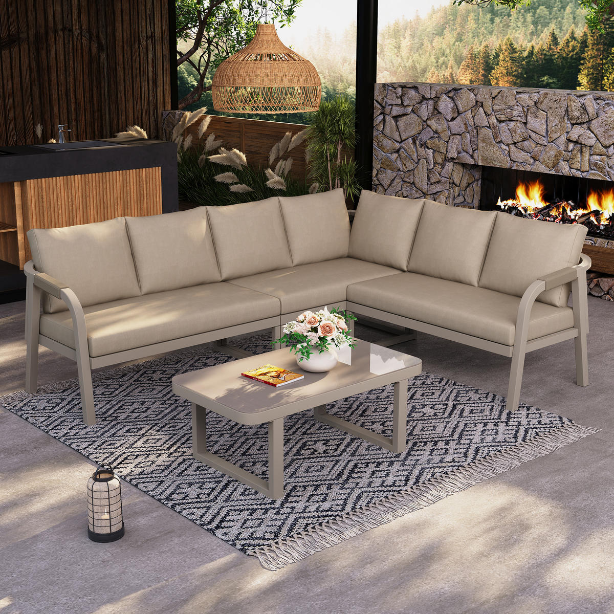 GARTENMÖBEL-SET 6 Personen Ecksofa Couchtisch Stahl Beige - Beige, Textil - FLIEKS