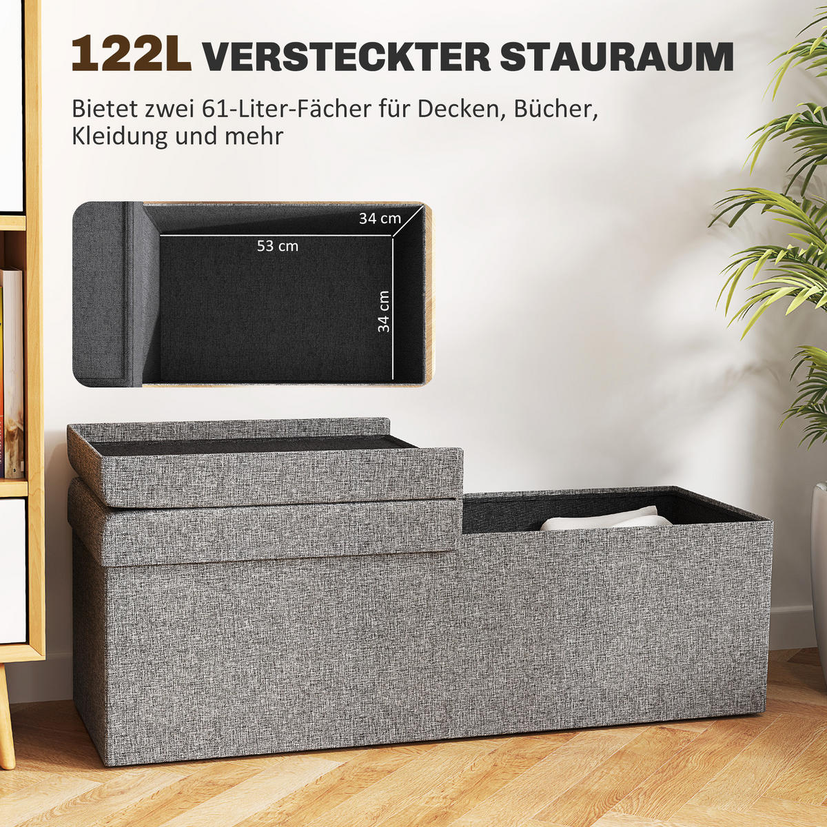 SITZBANK mit Stauraum, 110 x 38 x 38 cm Dunkelgrau - Dunkelgrau, Kunststoff (110/38/38cm) - HOMCOM