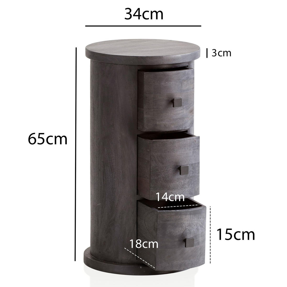 KOMMODE – Mango Massivholz, 34x65x34 cm, 3 Schubladen, schmal, schwarz - Schwarz, Holz (34/65/34cm) - KADIMA DESIGN