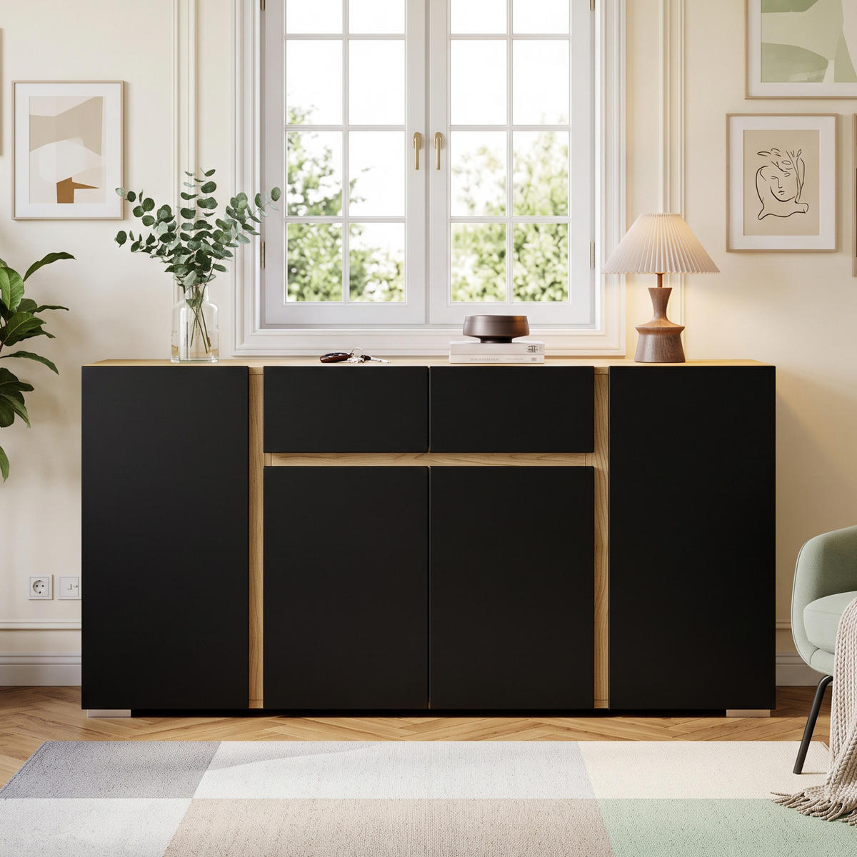 SIDEBOARD Schwarz & Naturholz 140cm mit 4 Türen 2 Schubladen - Schwarz, Holzwerkstoff (140/70/35cm) - Urban Meuble
