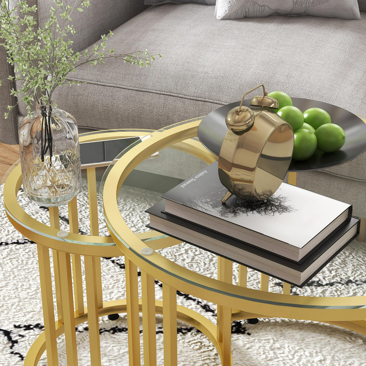 COUCHTISCH 2er-Set, Stapelbar Beistelltisch mit Stahlgestell, Kaffeetisch, Gold - Goldfarben, Metall (60/60/47cm) - HOMCOM