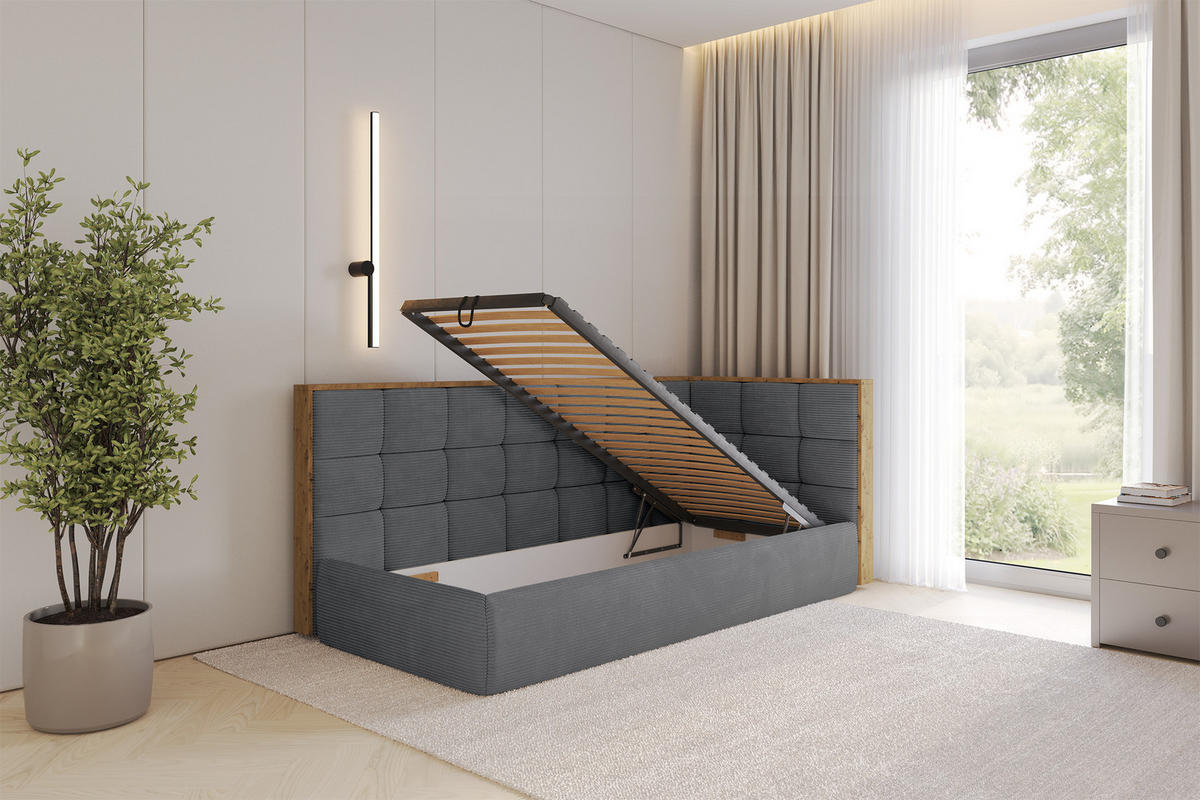 EINZELLBETT Jugendbett mit Bettkasten und Matratze H3/H4, Links - SOVY 90x200 Dunkelgrau - Graphitfarben, Holzwerkstoff/Textil (90/200cm) - ALTDECOR