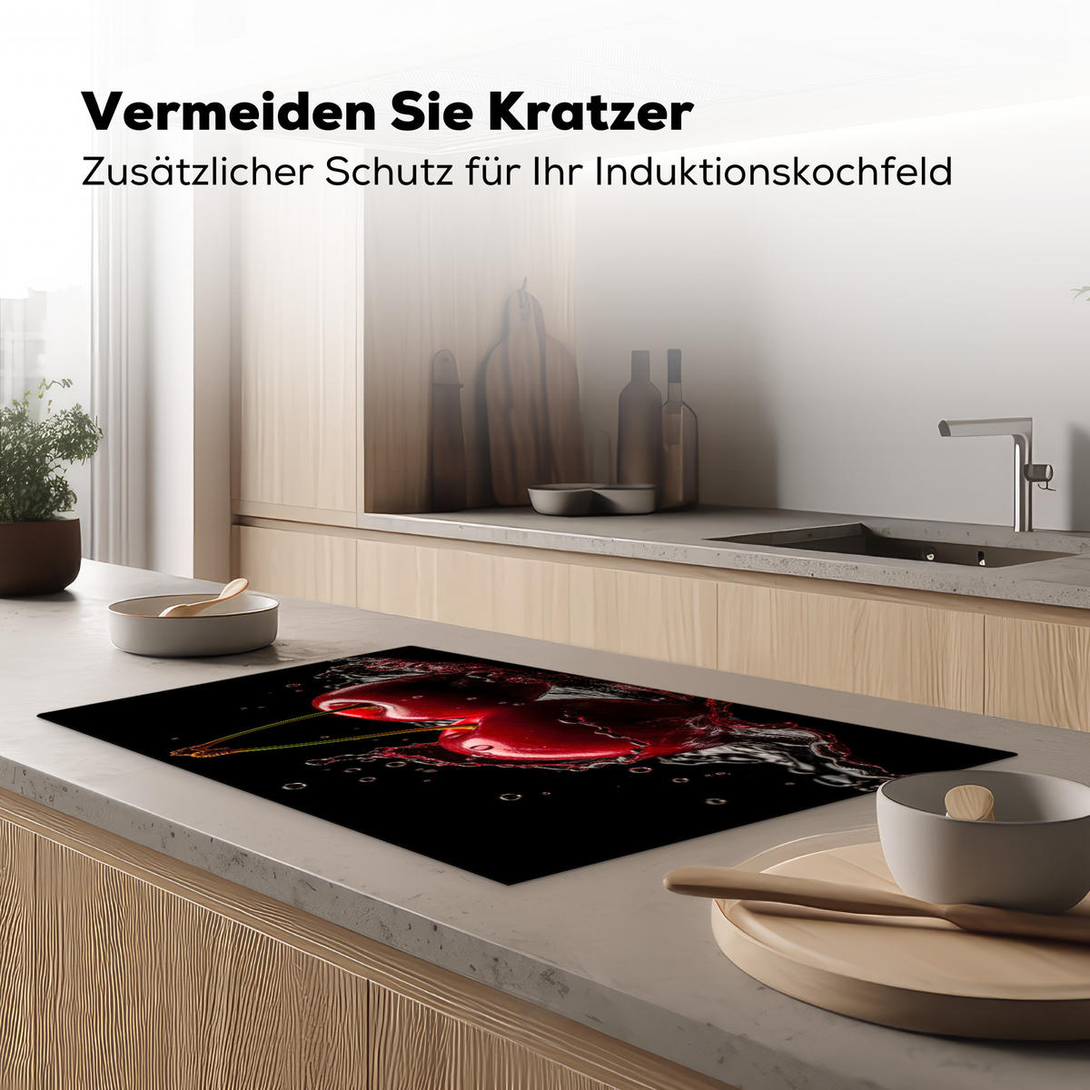 HERDABDECKPLATTE Kirsche - Rot - Frucht - Wasser - Schwarz Ceranfeldabdeckung 85x52 cm - Kirschrot, Kunststoff (85/52/0.2cm) - MuchoWow