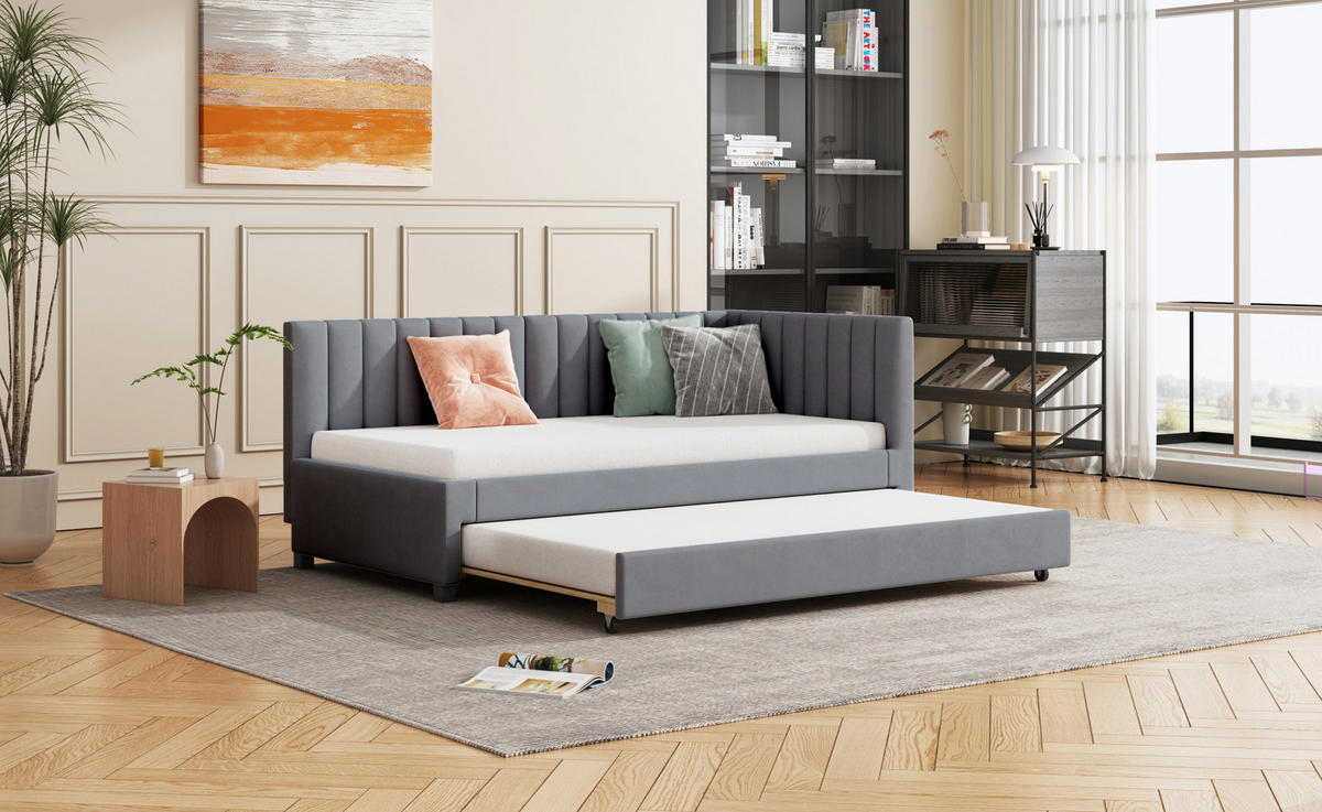 POLSTERBETT 90/200 cm Grau aus Samtstoff mit Ausziehbett - Grau, Textil (90/200cm) - OKMYHOME