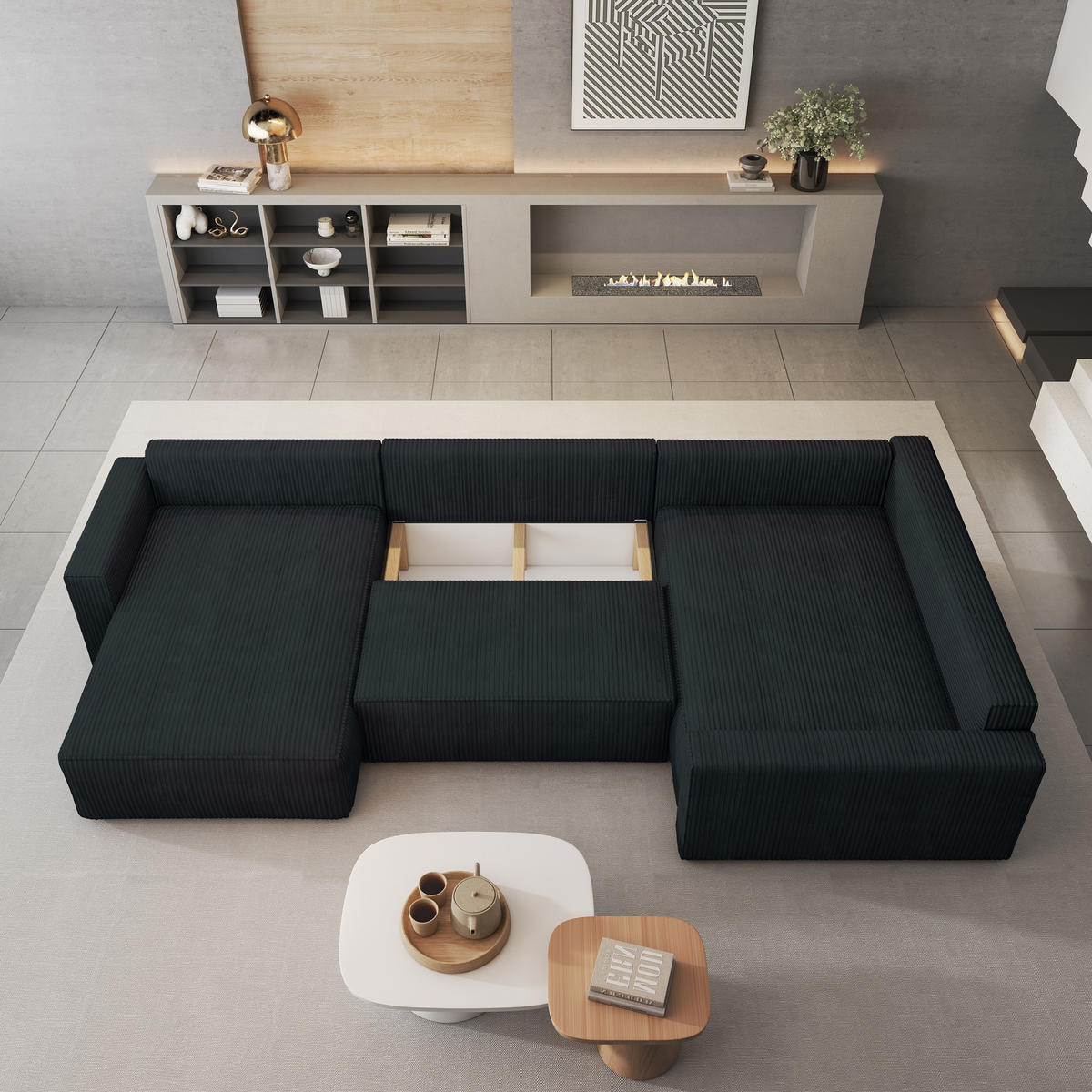 WOHNLANDSCHAFT VELAMI R-S Schwarz Kordstoff mit Schlaffunktion - Schwarz, Holz (365/83/194cm) - MASSENO