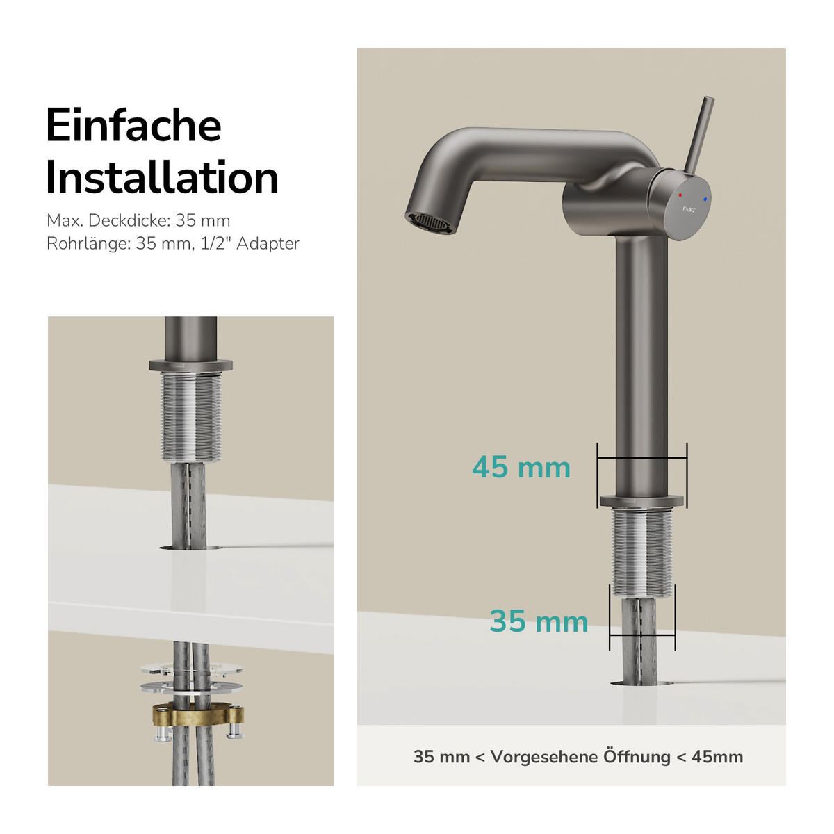 WASCHTISCHARMATUR Ventilkernzertifizierung Anthrazit Matt 15cm - Anthrazit, Metall (20/7.6/22.2cm) - EMKE