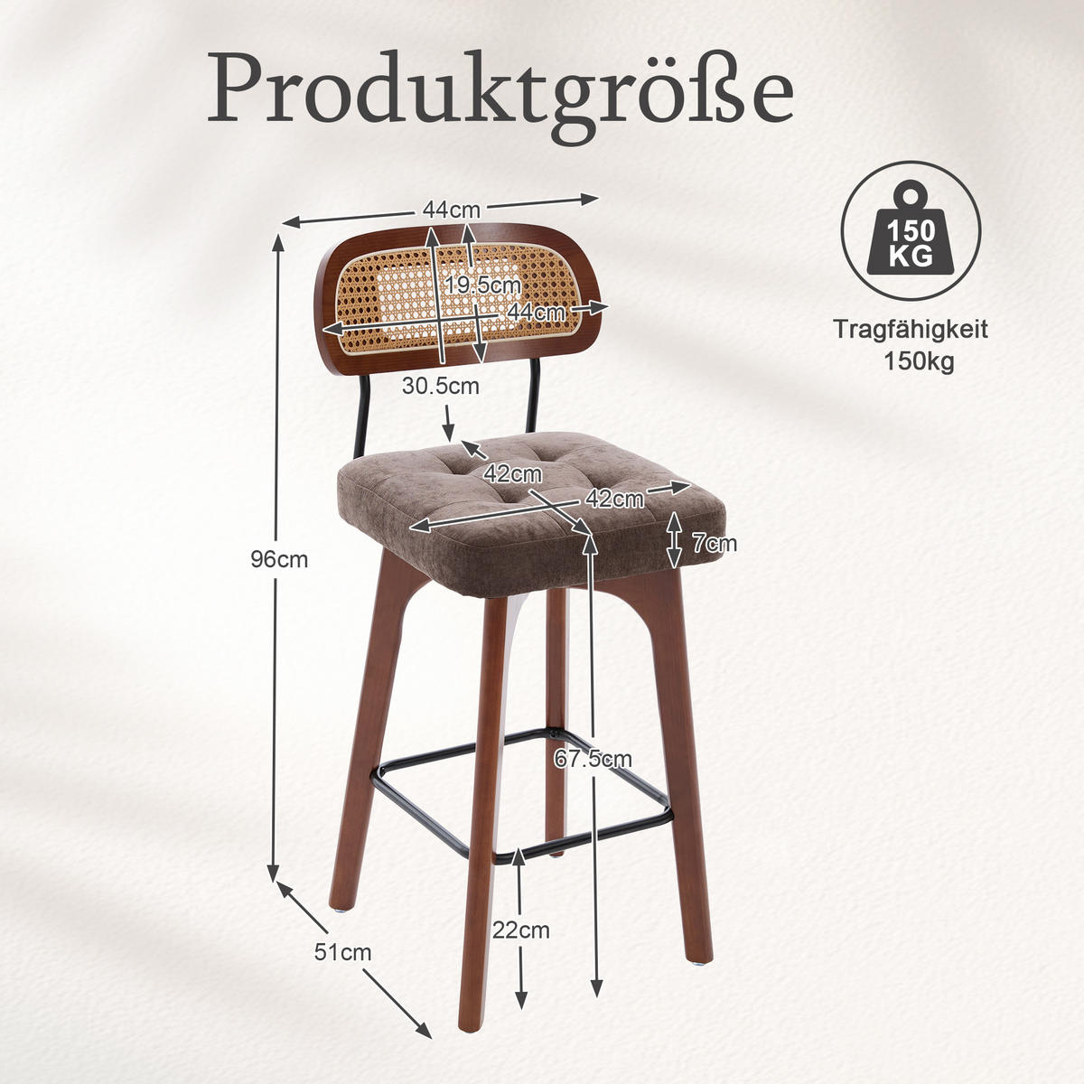 BARHOCKER 2er Set, 360° drehbar, Wiener Geflecht/Chenille, 67,5cm Sitzhöhe, Kaffeebraun - Wildeiche/Dunkelbraun, Holz/Textil (44/96/51cm) - LVHOM