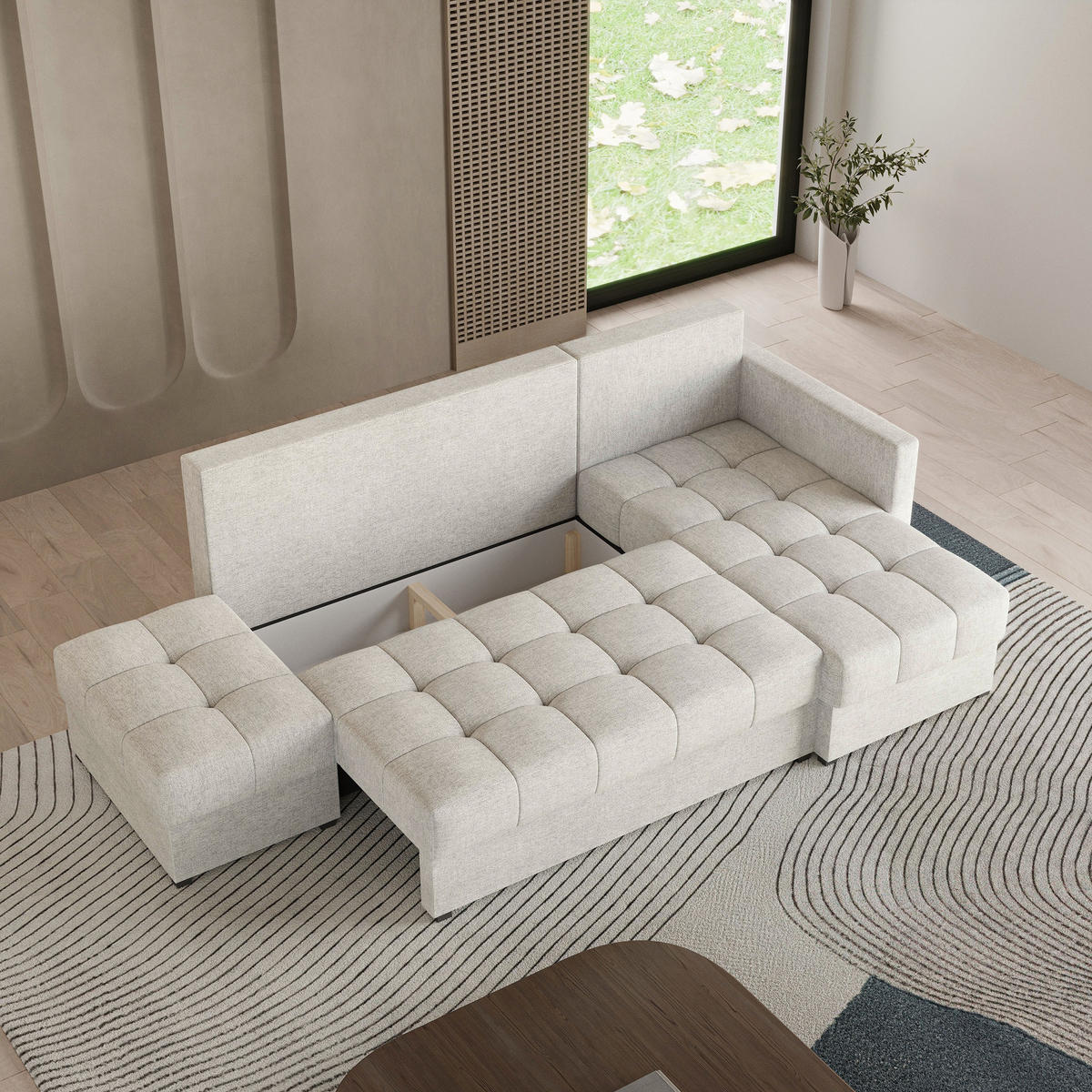 ECKSOFA LUMARI R-S Creme Plüsch-Stoff mit Schlaffunktion - Creme, Holz (262/143cm) - MASSENO