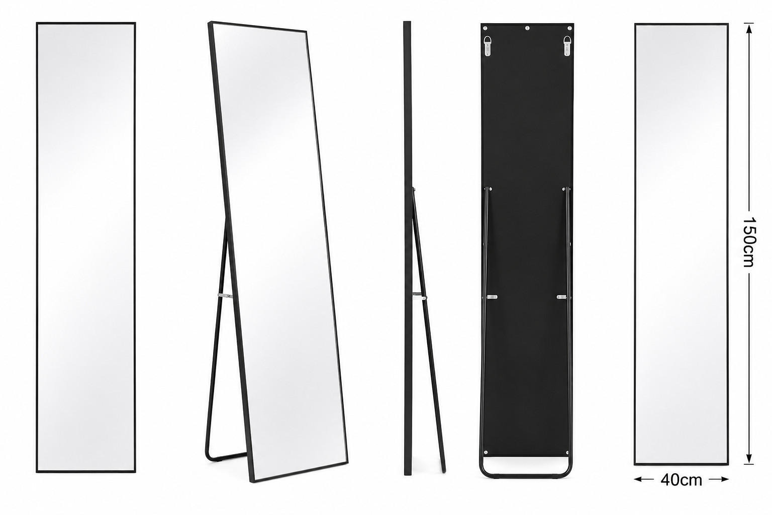 STANDSPIEGEL 150/40 cm Schwarz, Ganzkörperspiegel mit Ständer, Wandspiegel rechteckig - Schwarz, Metall (40/150/5cm) - Joyfair