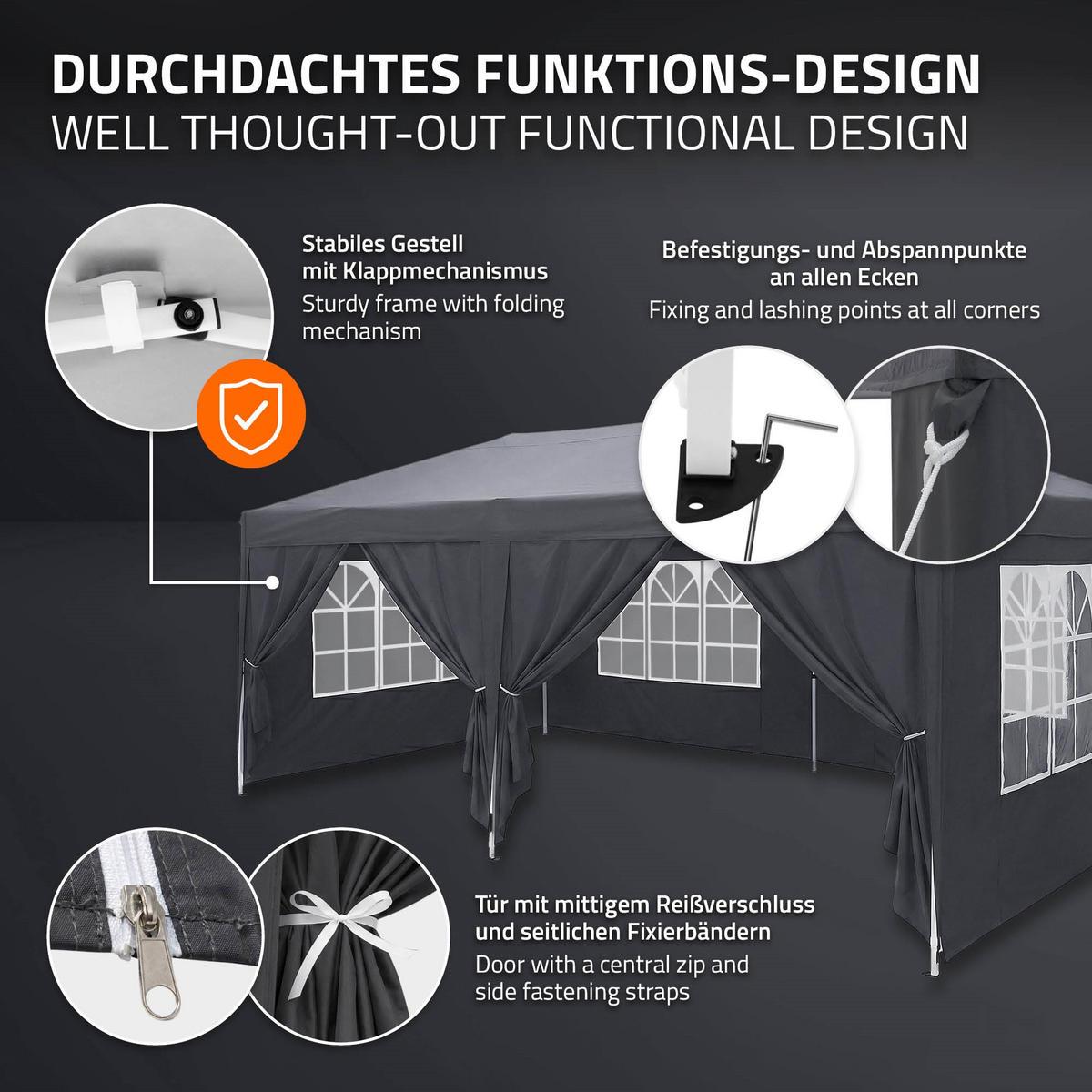POP UP PAVILON 3x6 m antracitový skládací pavilon, vodotěsný, stabilní, se 6 bočními stěnami - šedá, textil (600/260/300cm) - ECD-Germany