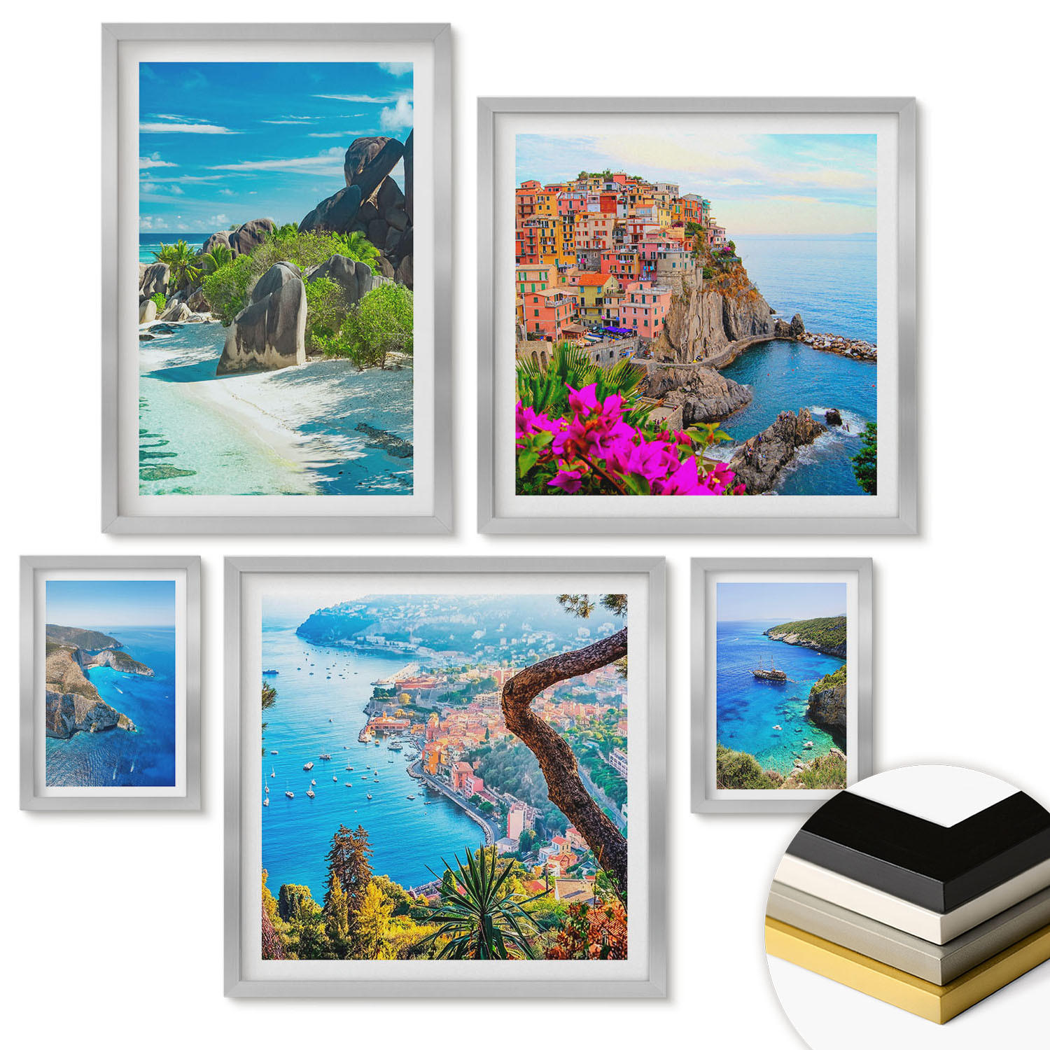 WANDBILDER 5er Set - 50x50 cm & 20x30 cm & 40x60 cm Silberner Rahmen - Winterwald-Blaublume - Silberfarben, Kunststoff (40/60cm) - ArtPrintCave