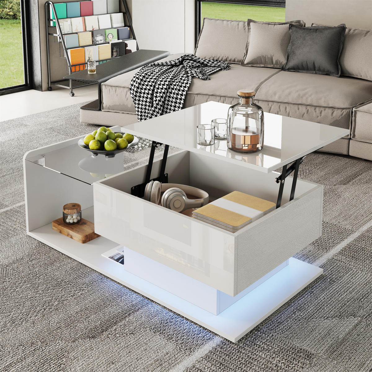 COUCHTISCH in Weiß mit LED-Effekt und Glasplatte für Wohnzimmer, B100/T50/H33/47,5 cm - Weiß, Holzwerkstoff (50/100/47.5cm) - STILVORA