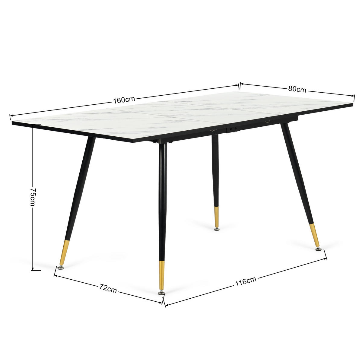 ESSTISCH Weiß Marmormuster rechteckig ausziehbar 120-160/80/75cm - Goldfarben/Schwarz, Holz/Metall (80/120/75cm) - Urban Meuble
