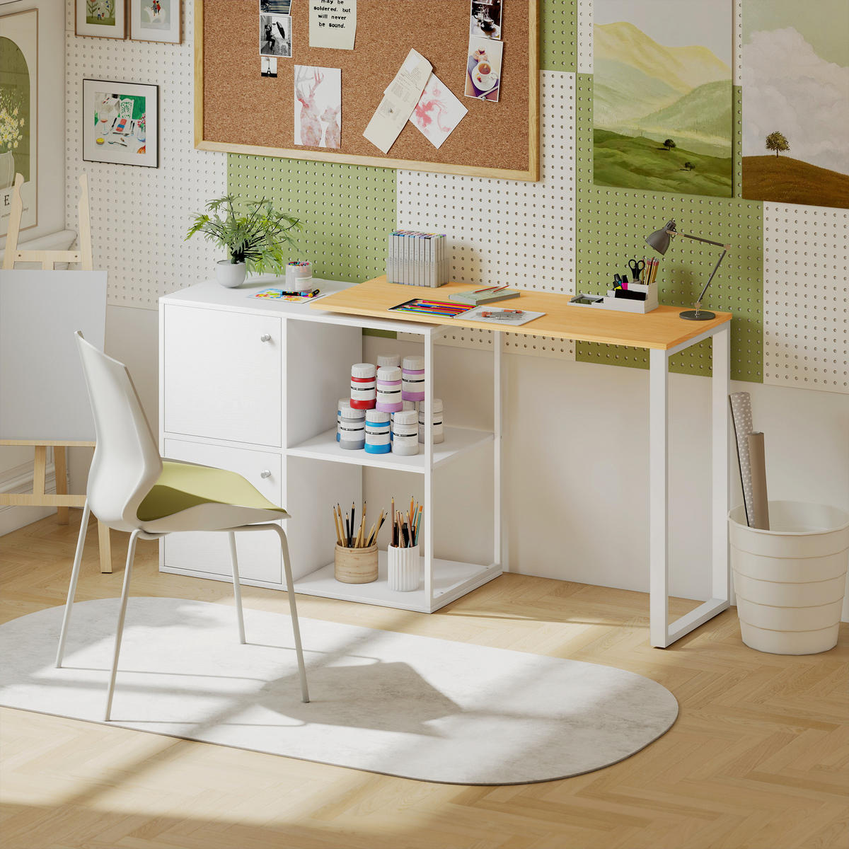 SCHREIBTISCH L-förmig 360° drehbar Eckschreibtisch mit Schränken Regalen Weiß - Silberfarben/Weiß, Holzwerkstoff/Metall (150/40/75cm) - HOMCOM